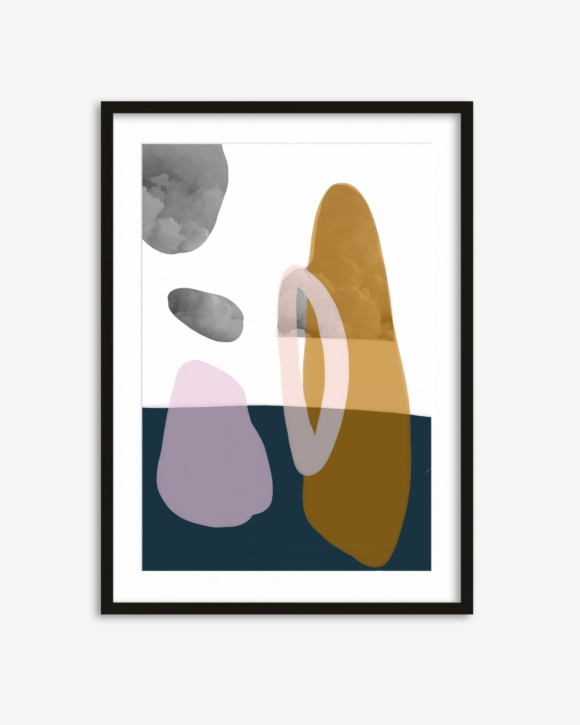 Framed abstract art print with colorful geometric shapes on a white background