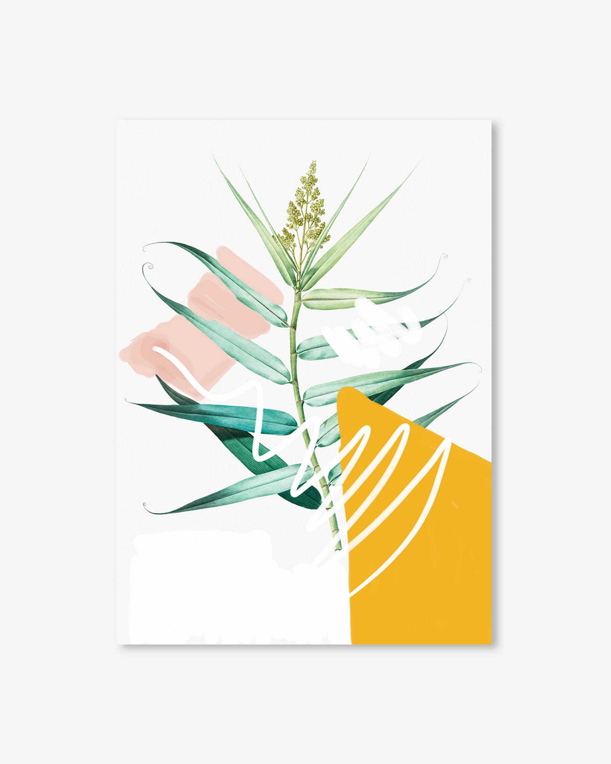 Modern abstract design with palm leaves and geometric shapes on a white background