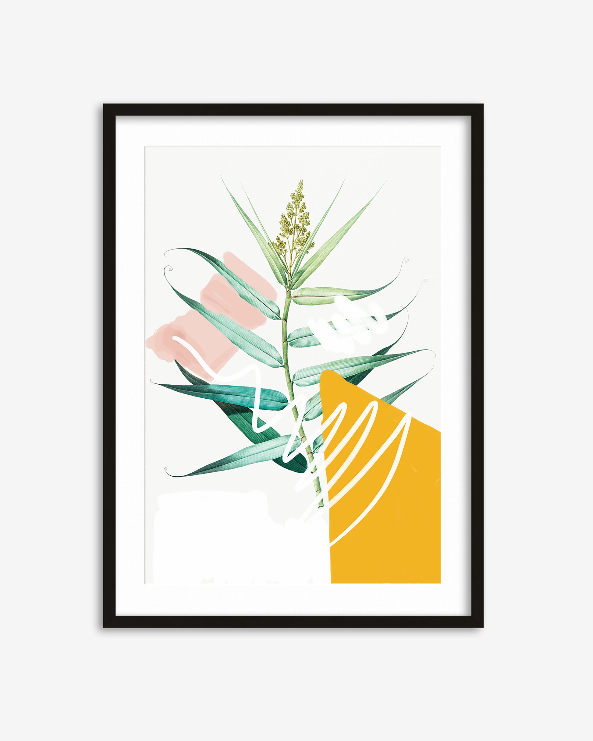 Framed artwork with abstract design featuring green leaves, pink shapes, and a yellow triangle on a white background.