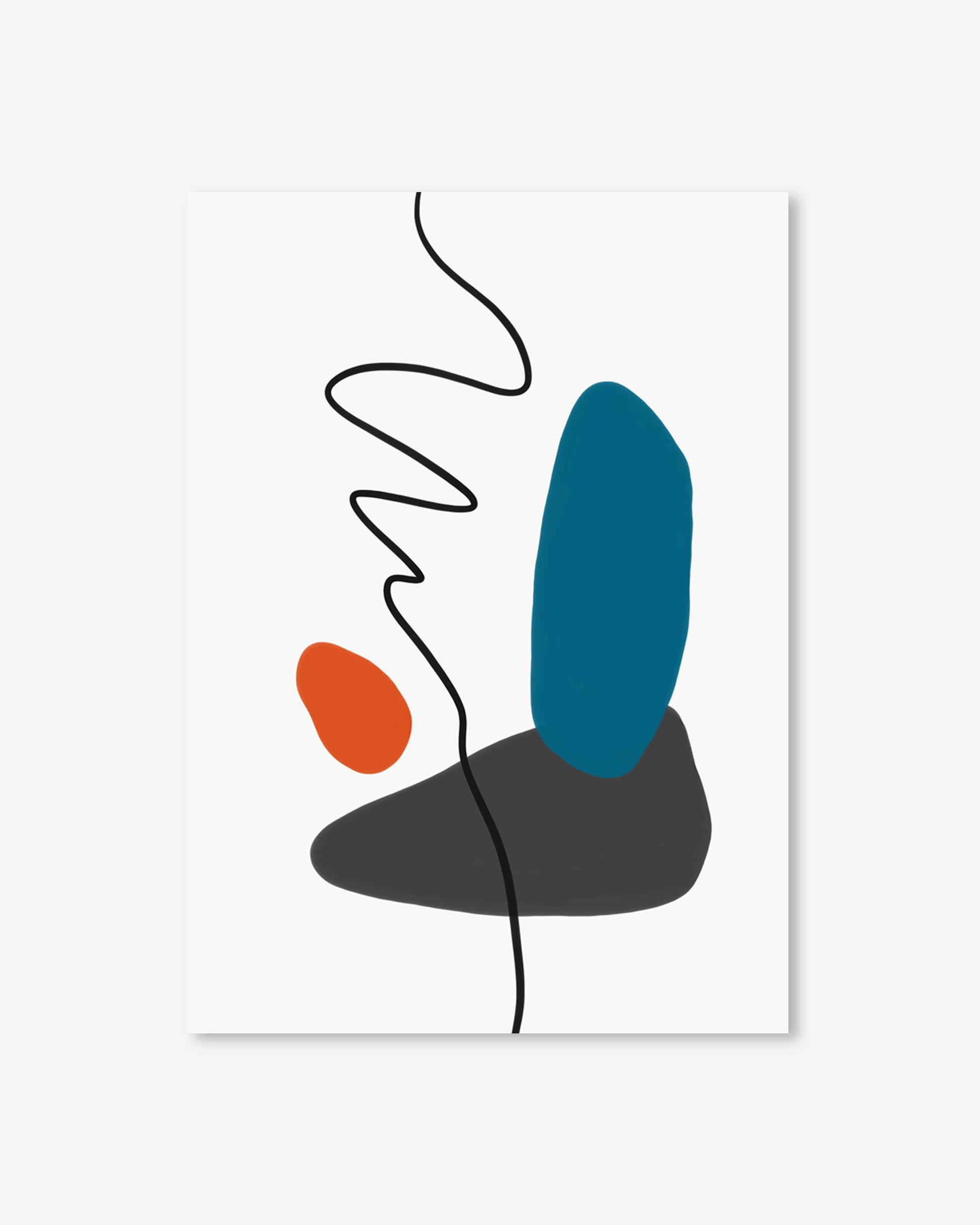 Abstract art print with wavy black line, blue shape, and orange dot on a white background