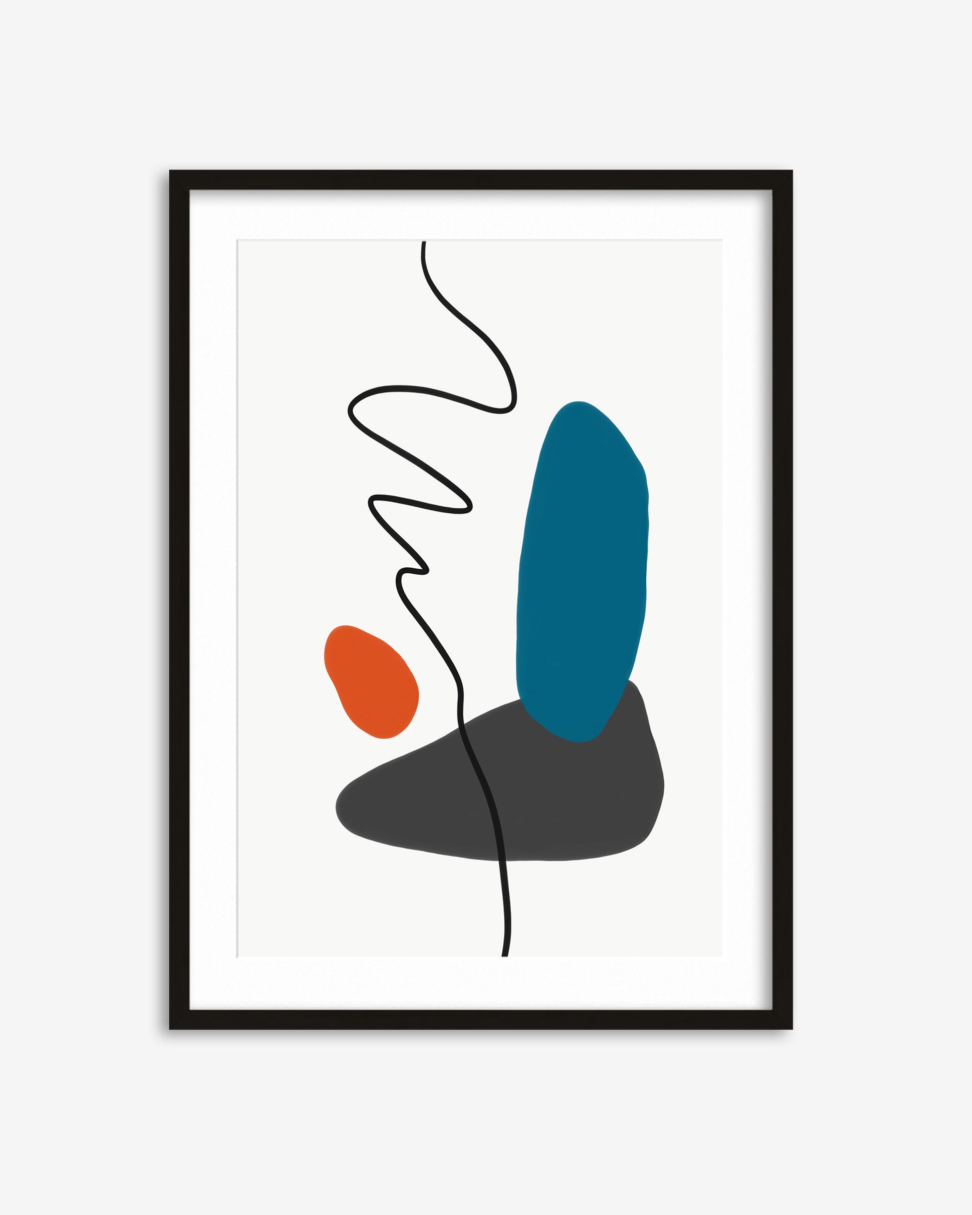 Framed abstract art print with wavy lines and geometric shapes on a white background