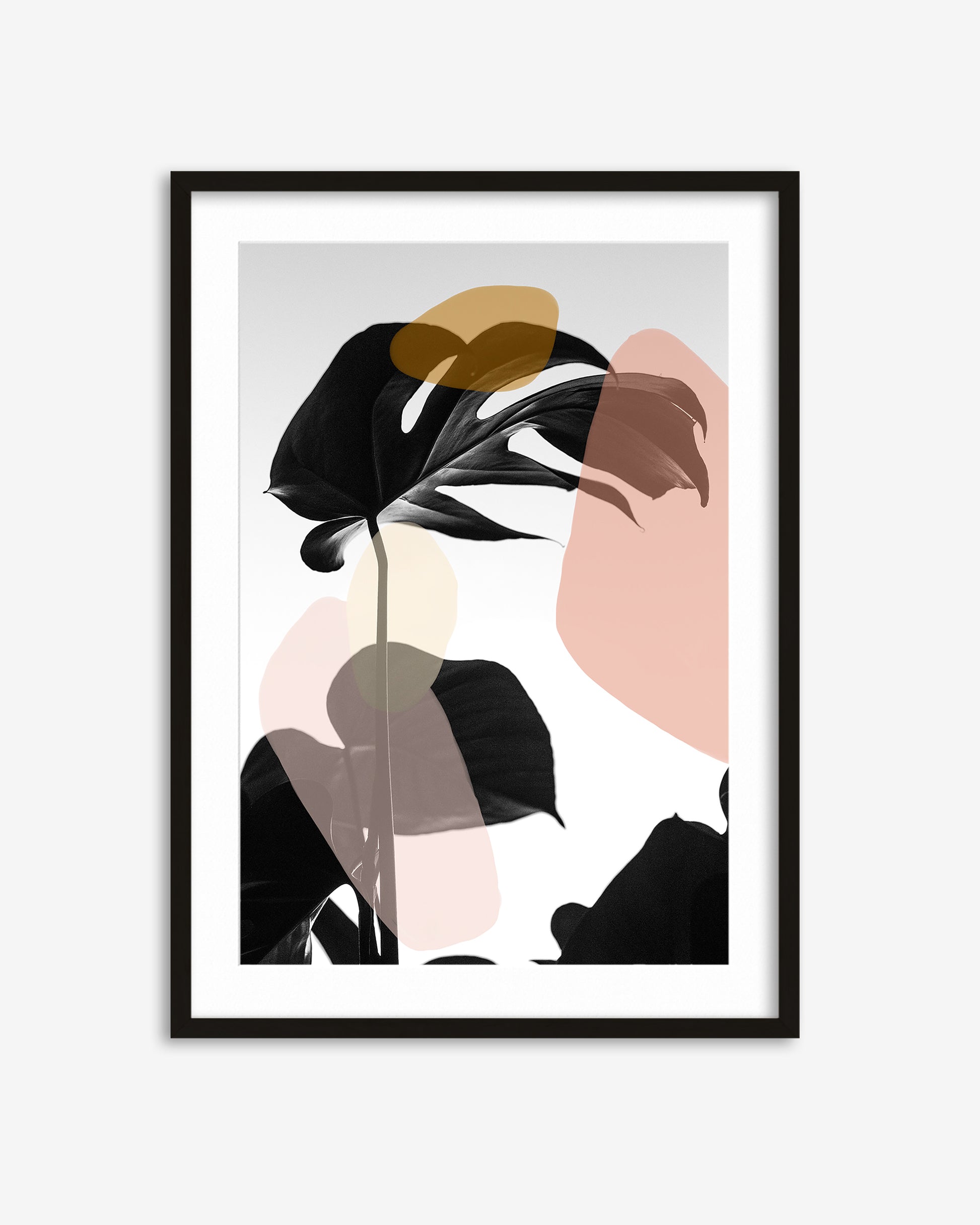 Framed abstract art print with black, brown, and pink leaves on a light gray background