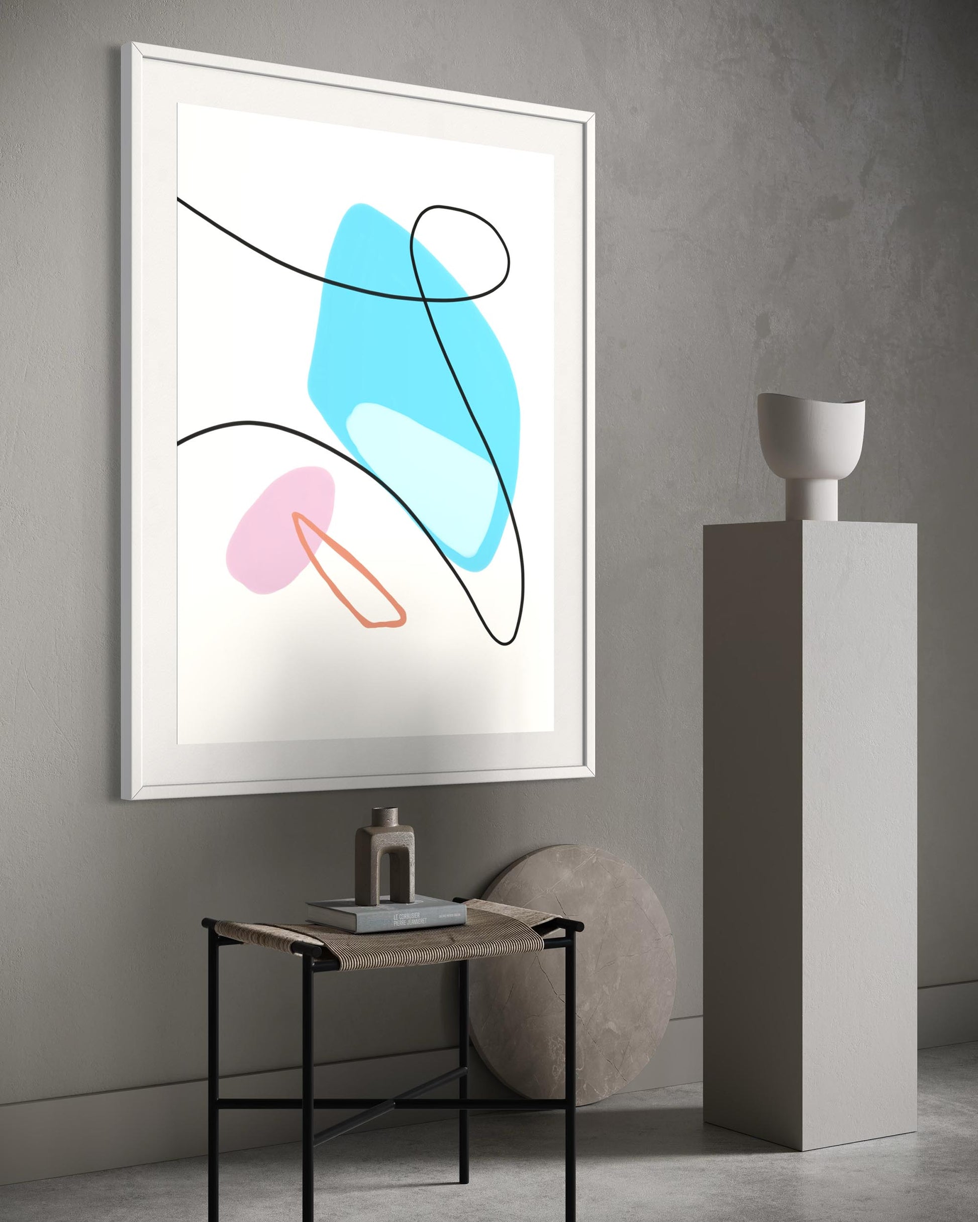 Abstract art print on a wall with minimal decor