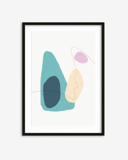 Framed abstract art print with geometric shapes on a white background