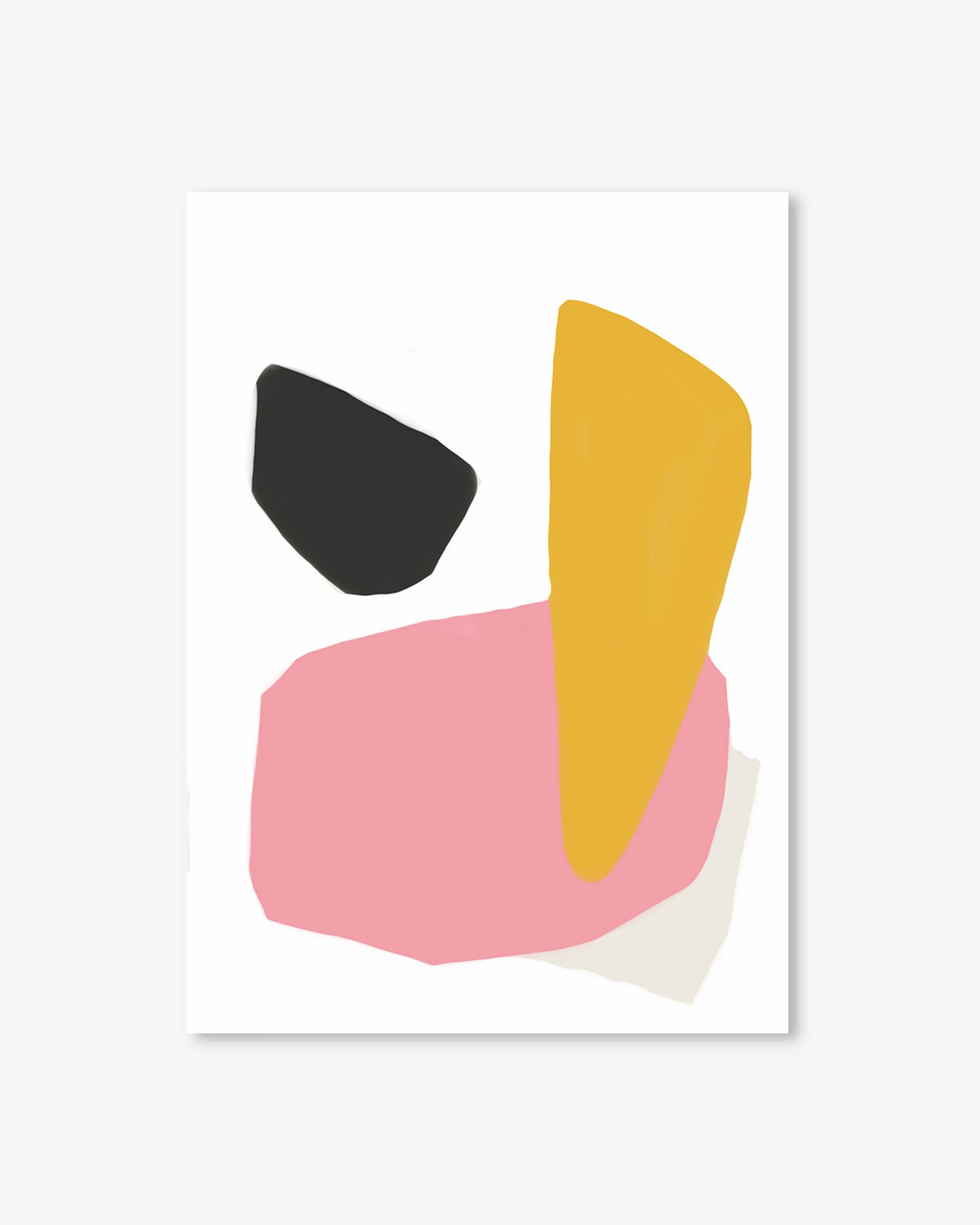 Abstract art print with geometric shapes in black, yellow, pink, and white on a white background