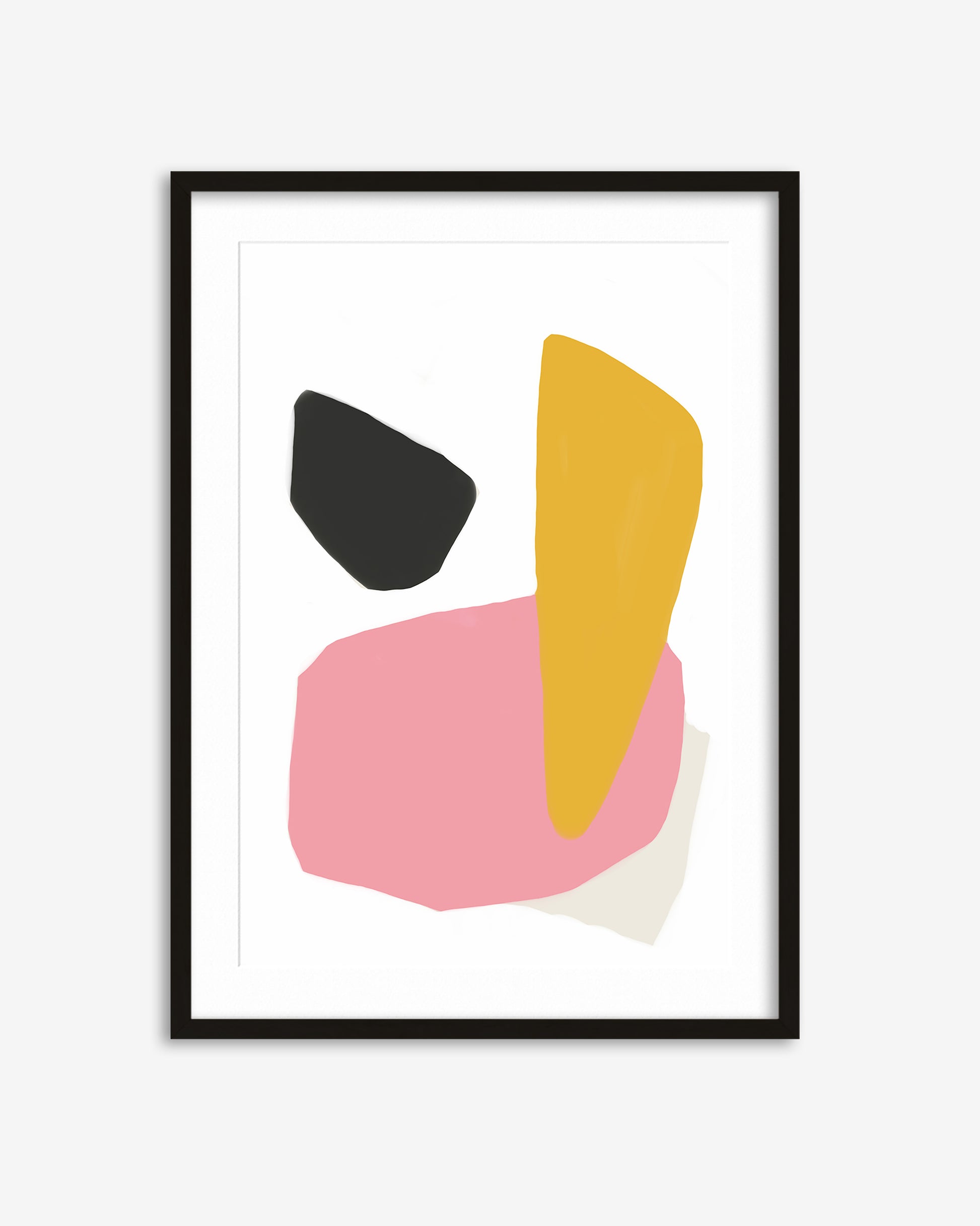 Framed abstract art print with geometric shapes on a white background