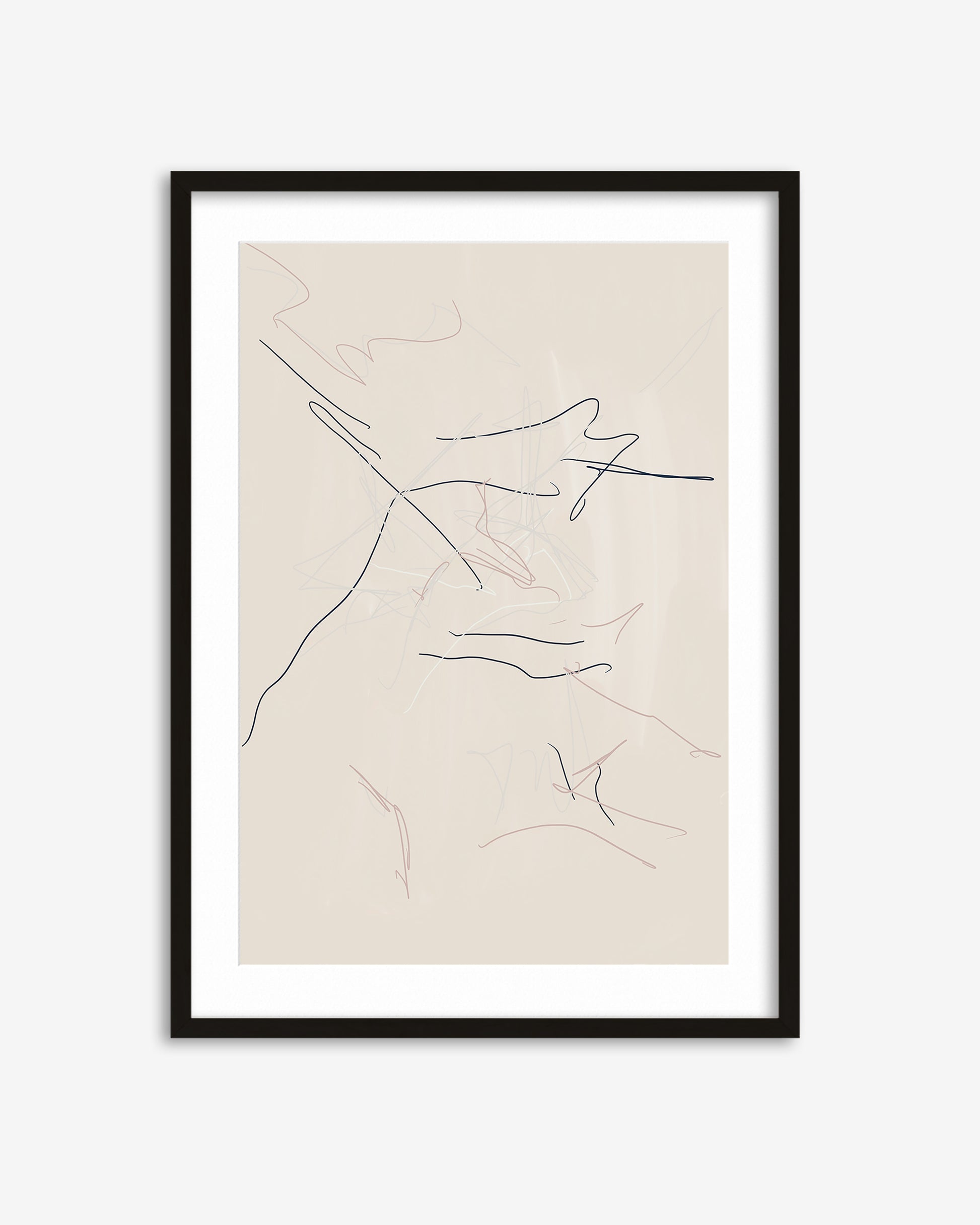 Framed abstract art print with black line drawings on a beige background
