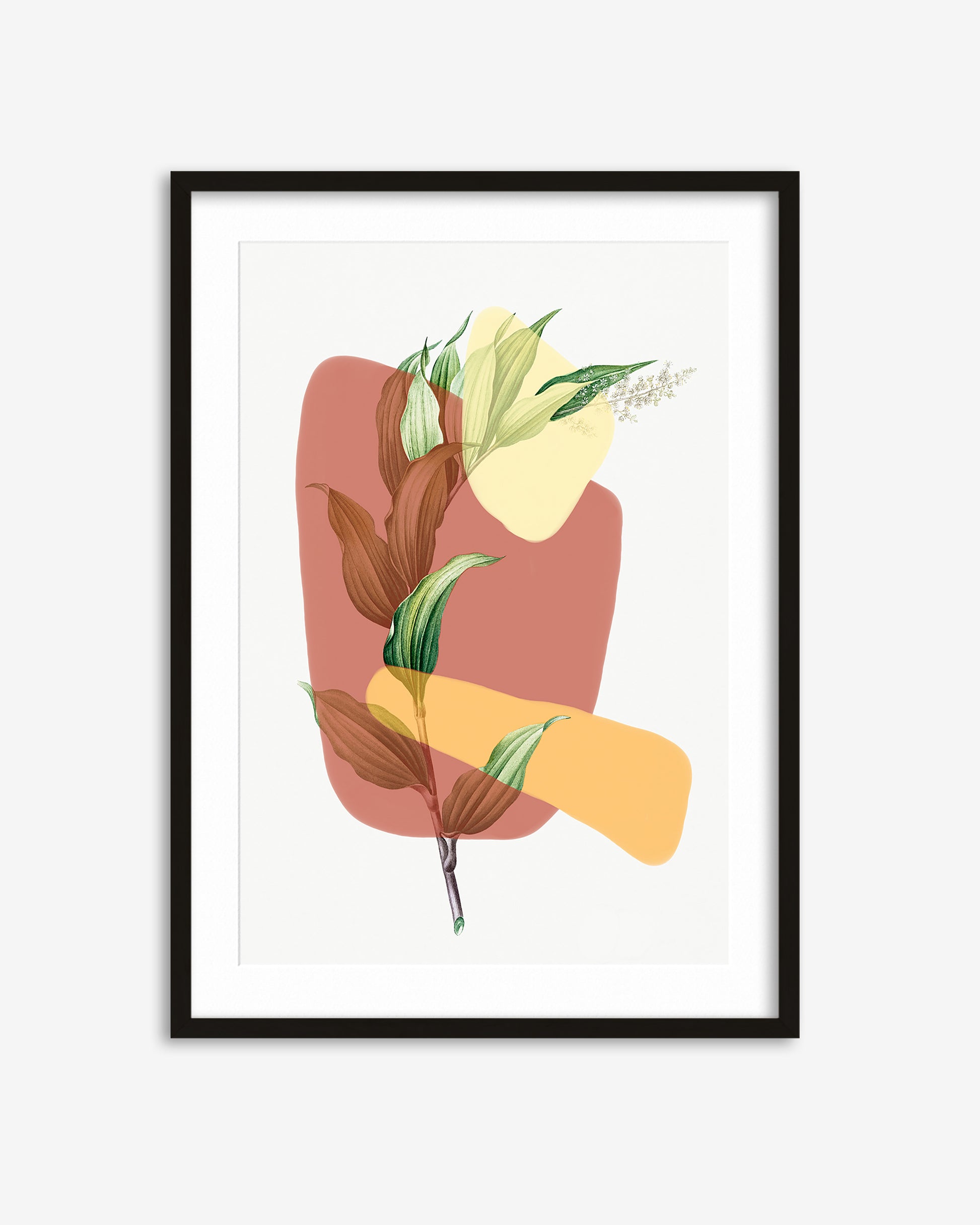 Framed artwork with abstract design of leaves and shapes on a white background