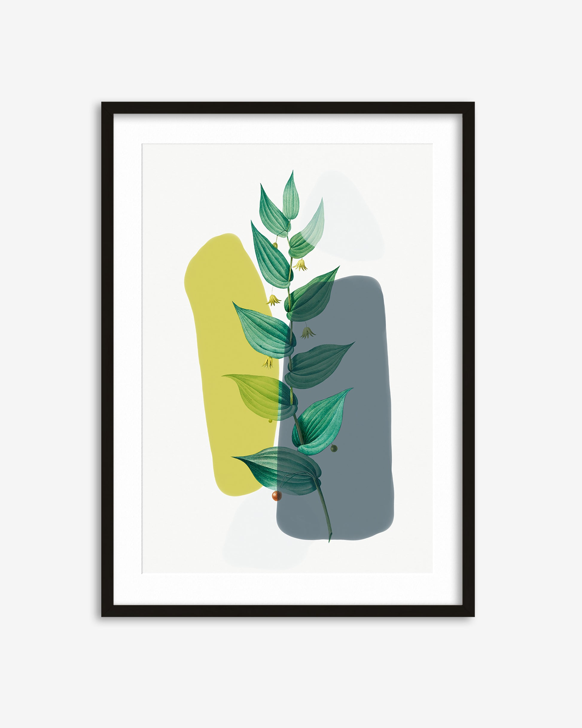 Framed artwork with green leaves on a white background