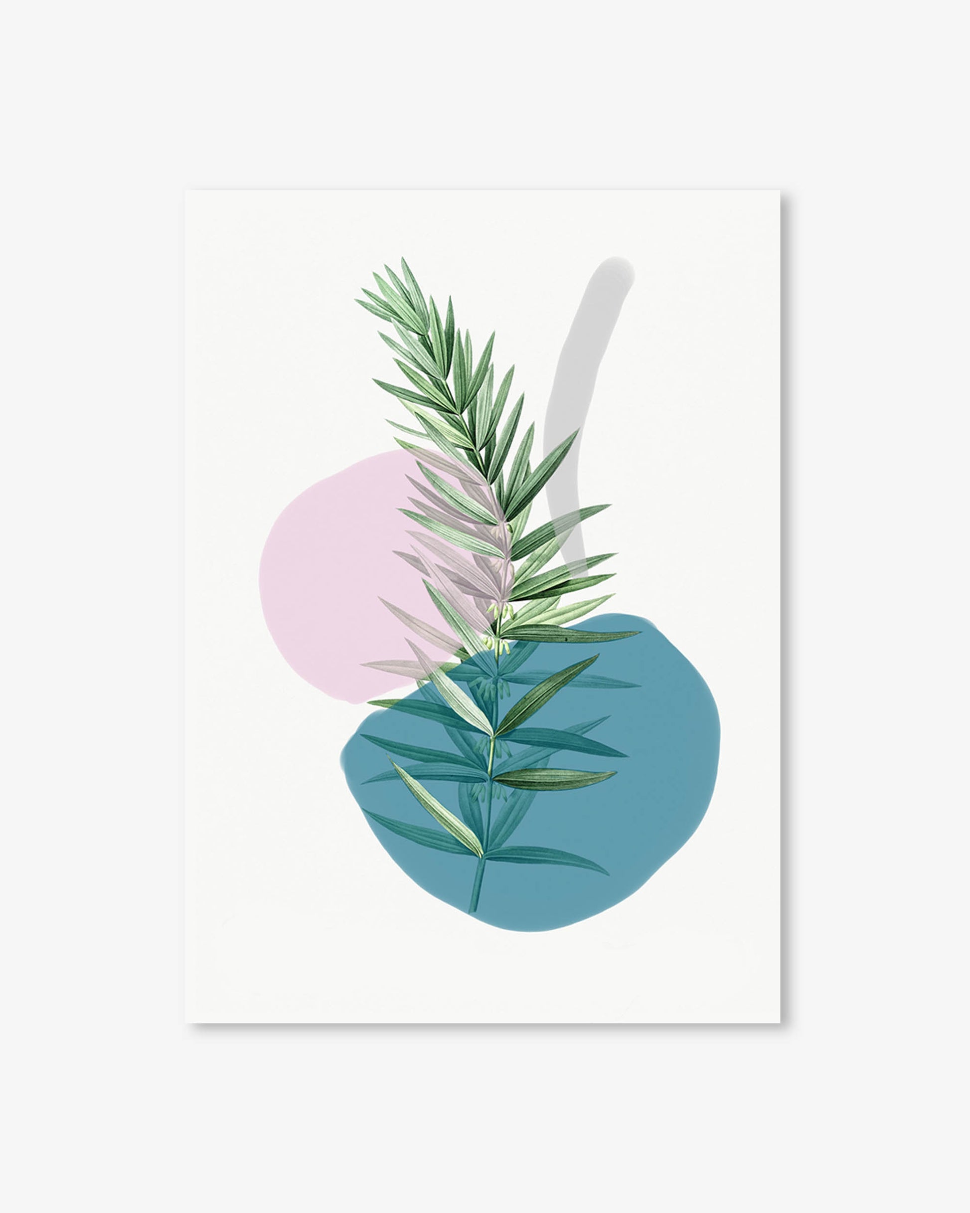 Art print with abstract shapes and green leaves on a white background