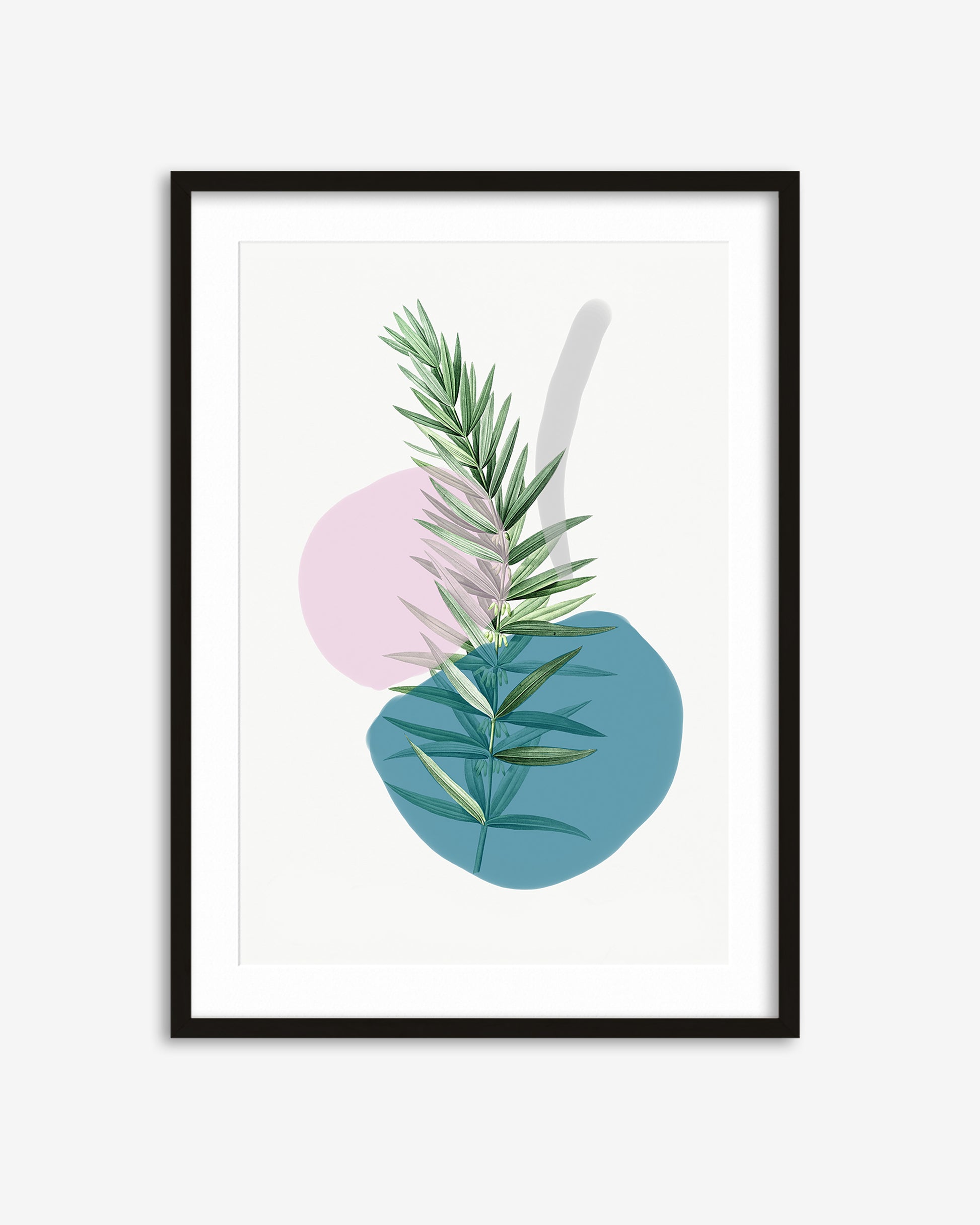 Framed artwork with green leaves and pink and blue abstract shapes on a white background