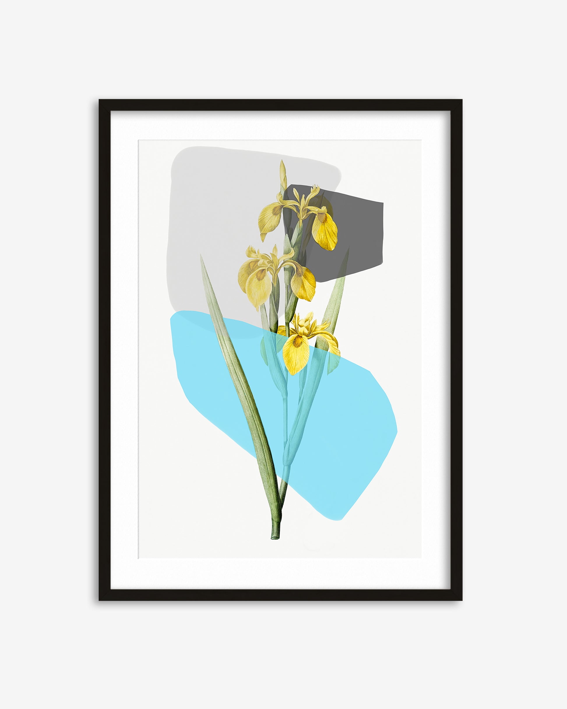 Framed artwork with yellow flowers and blue abstract shapes on a white background