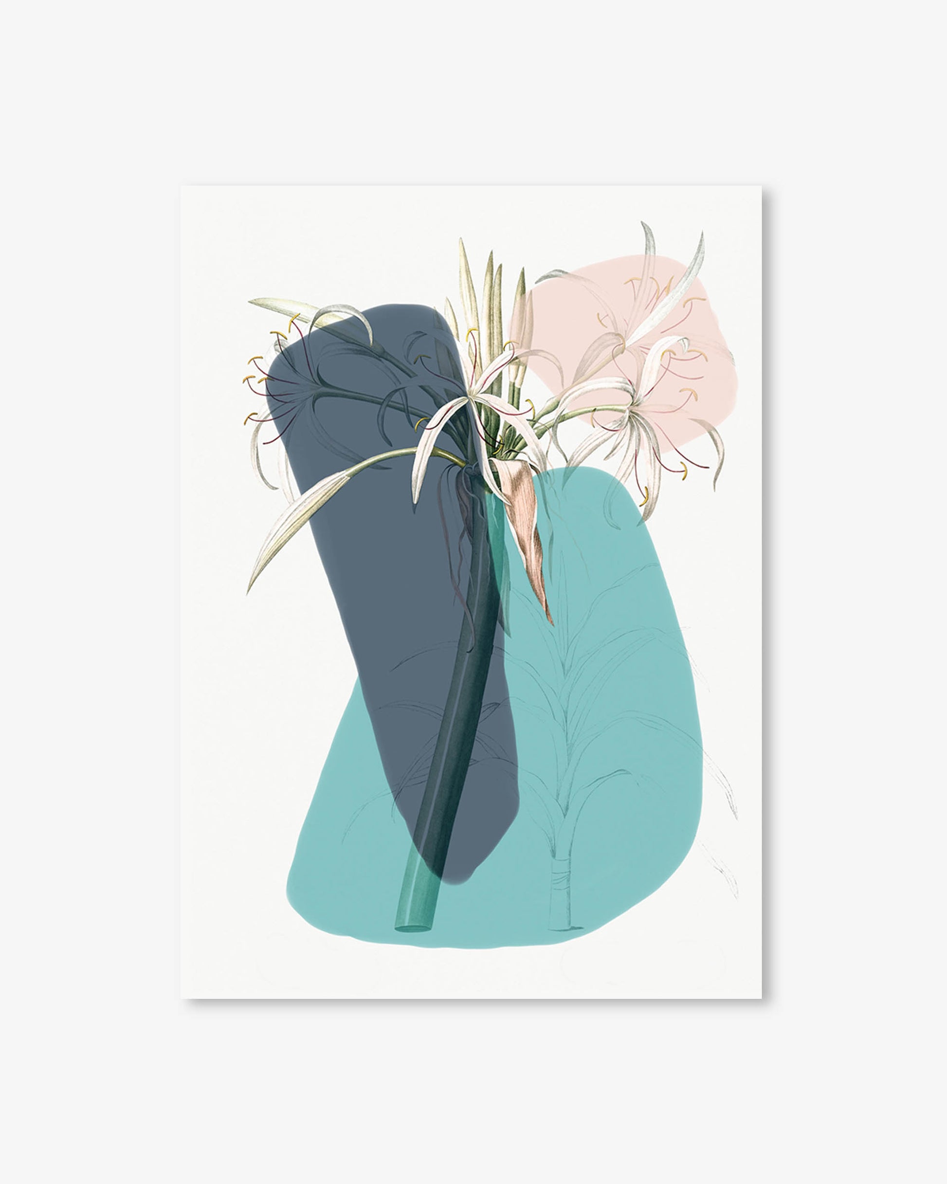 Abstract art print with a blue and green abstract shape and plant-like elements on a white background