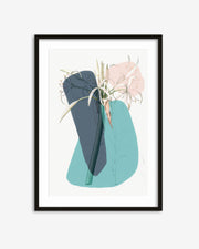 Framed artwork of a vase with flowers on a white background