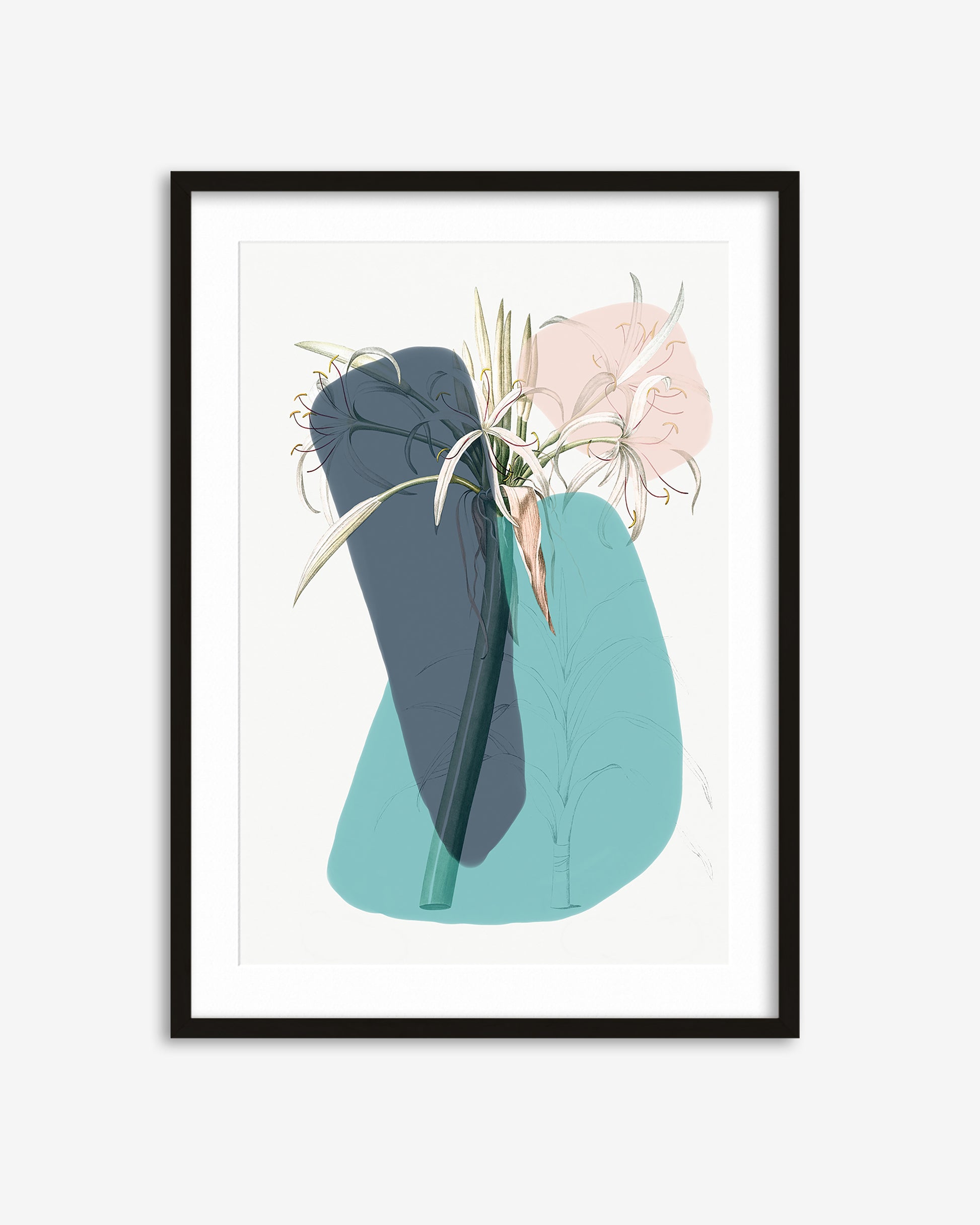 Framed artwork of a vase with flowers on a white background