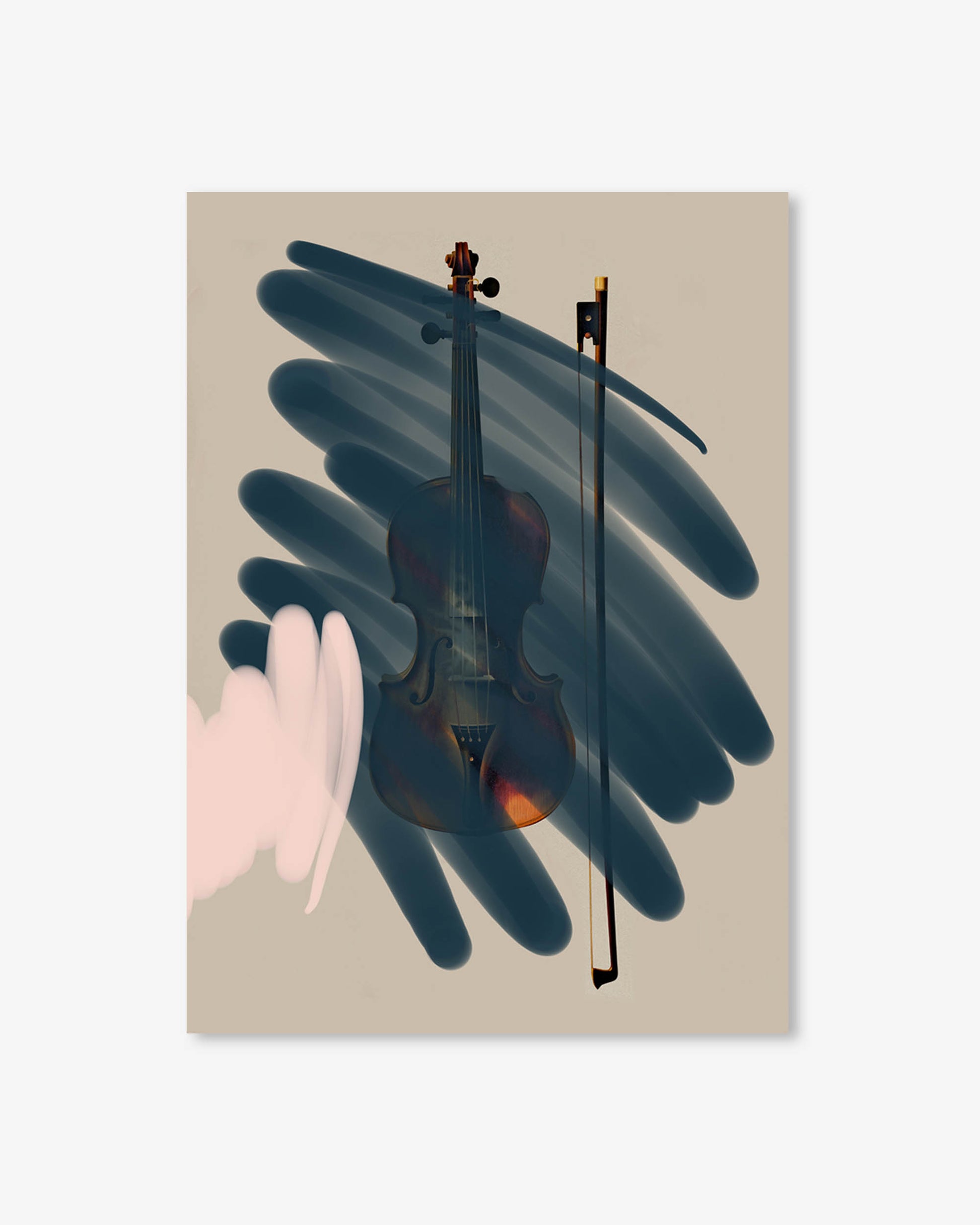 Illustration of a violin held by a hand with a glove, on a beige background