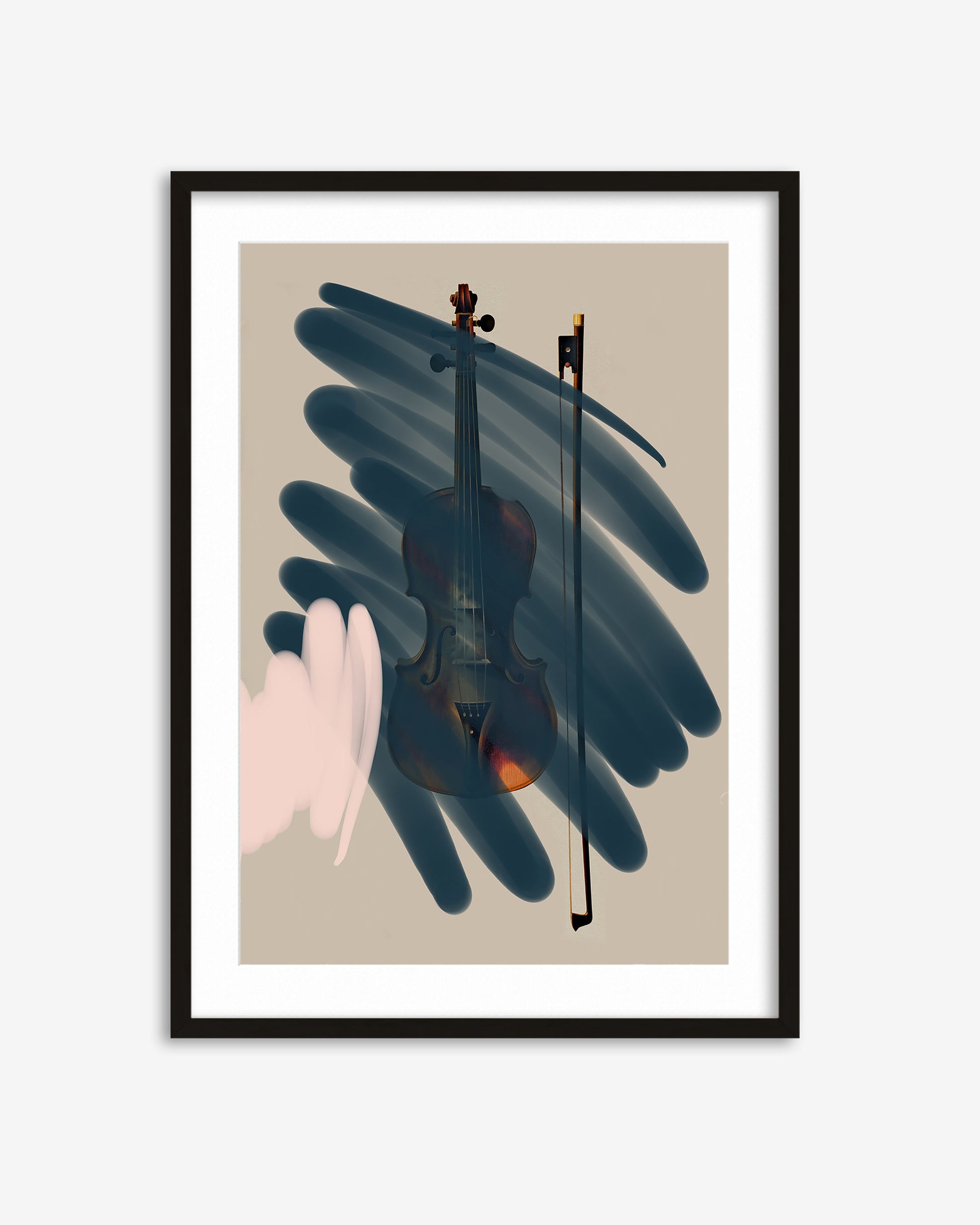 Framed artwork of a violin and bow on a beige background