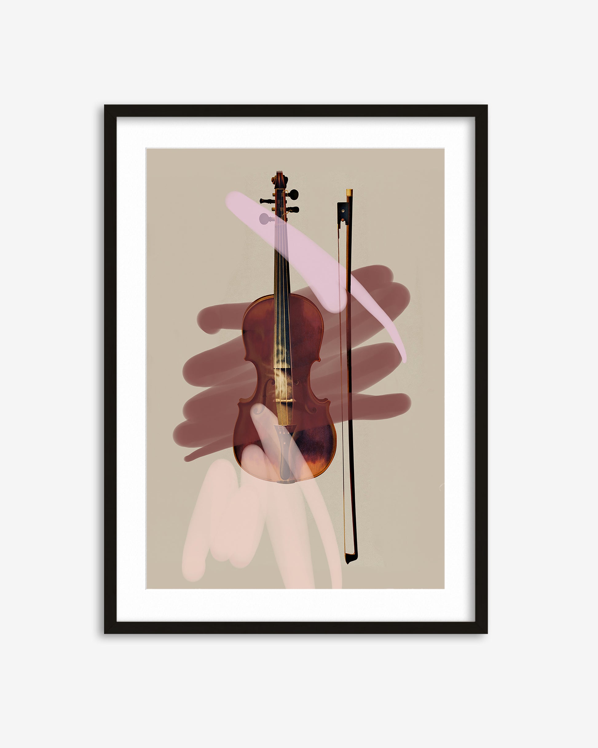 Framed artwork of a violin and bow on a beige background