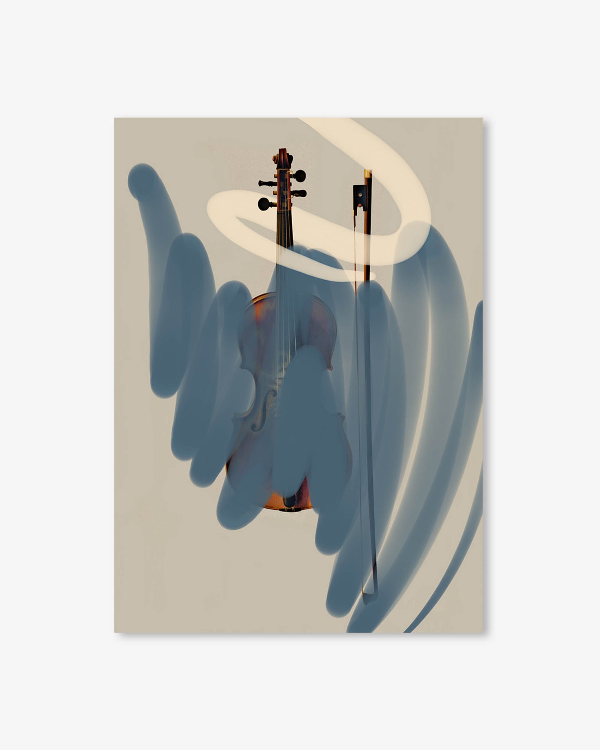 Abstract art piece with a violin and blue hands on a beige background
