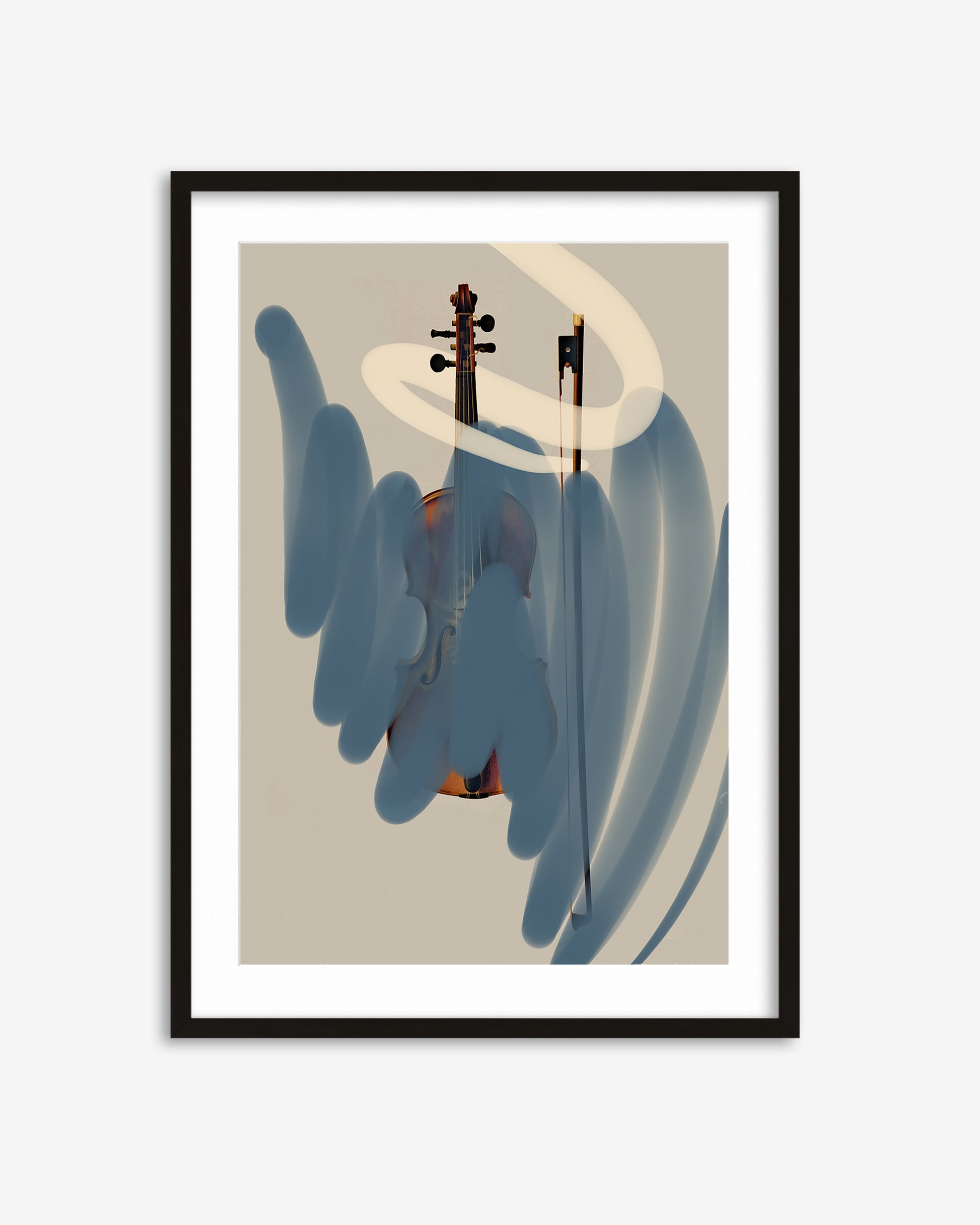 Framed artwork with abstract design of hands and a halo on a beige background