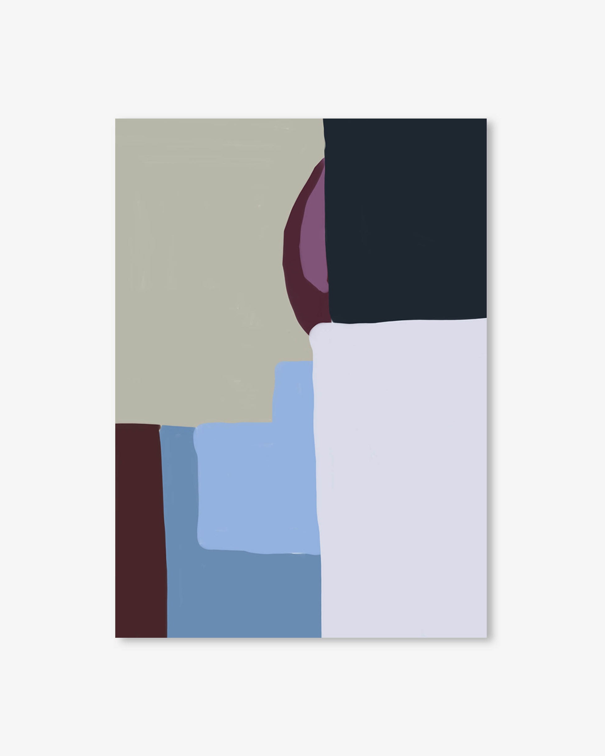 Abstract art print with geometric shapes in muted colors on a light gray background