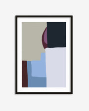 Framed abstract art print with geometric shapes on a white background