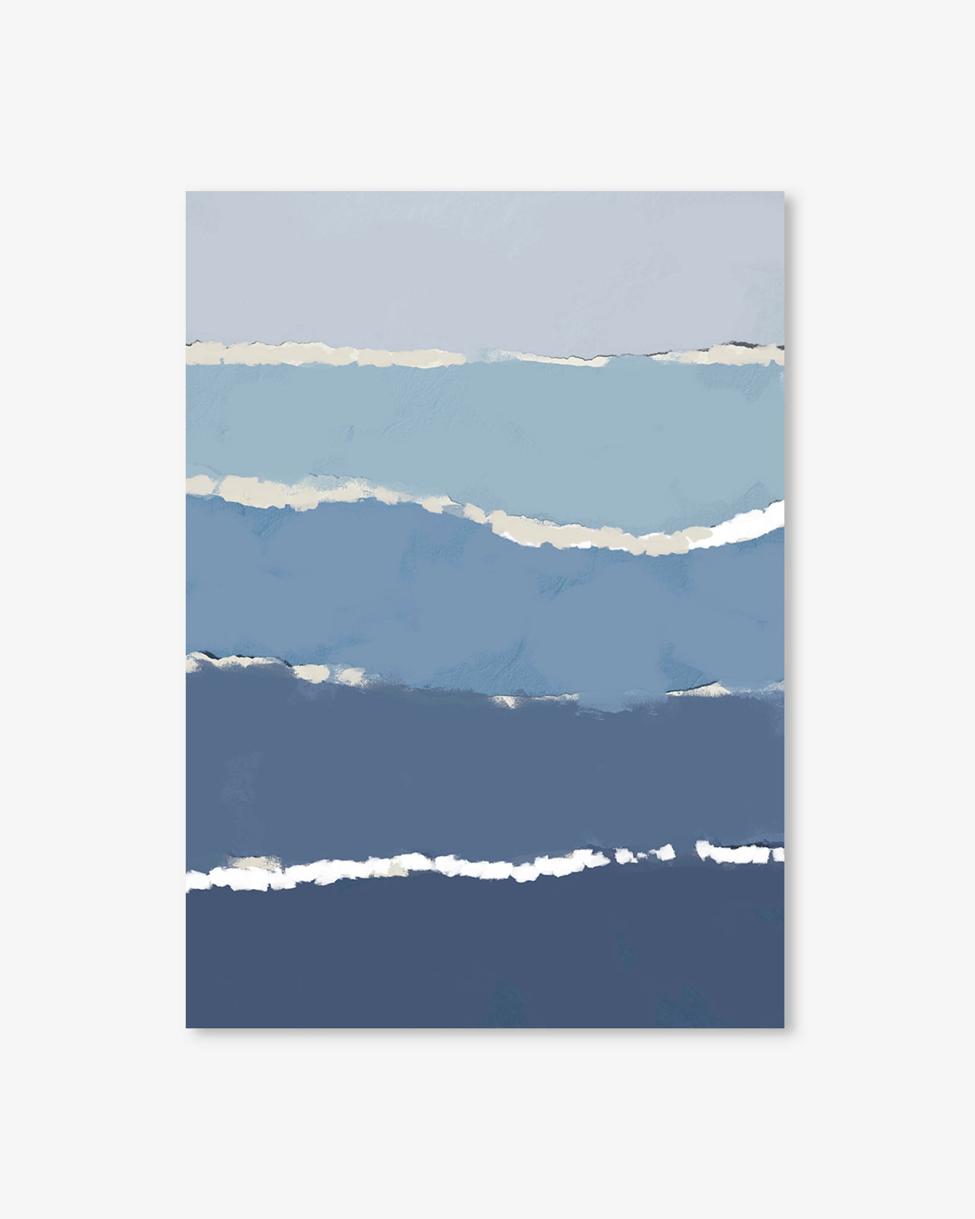 Abstract art print with horizontal blue stripes on a light gray background