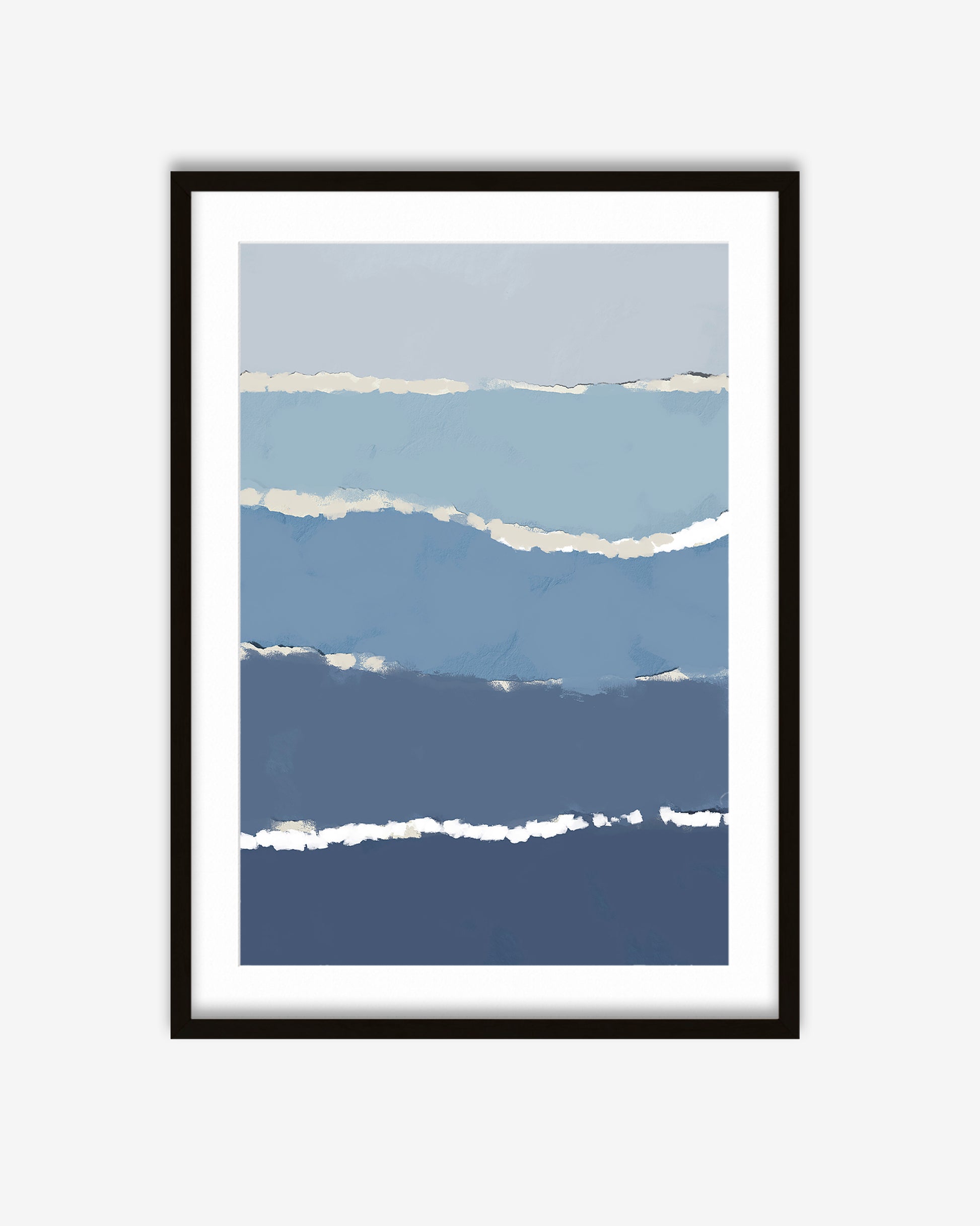 Framed abstract art print with blue and white color scheme on a light gray background