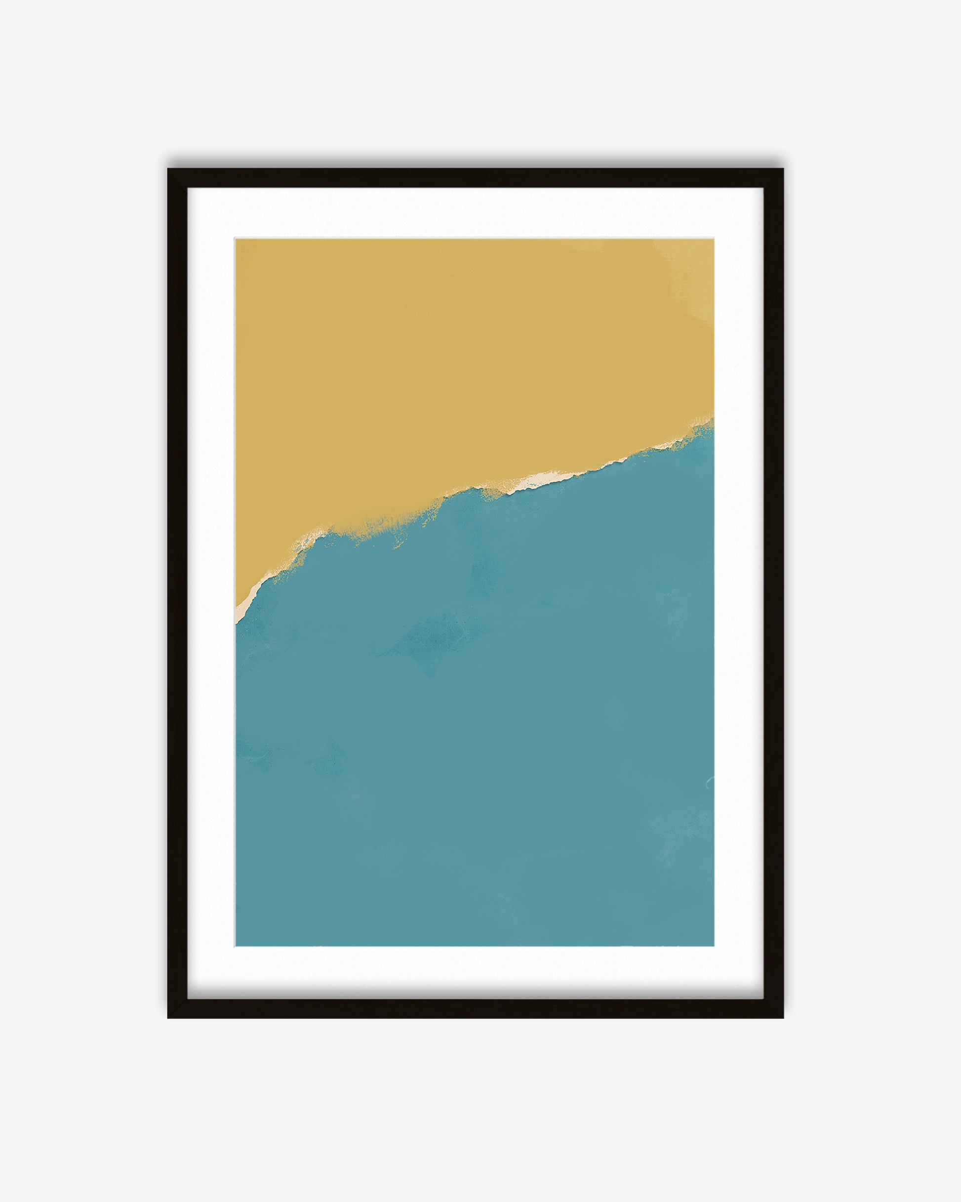 Framed artwork with a gold and blue abstract design on a white background