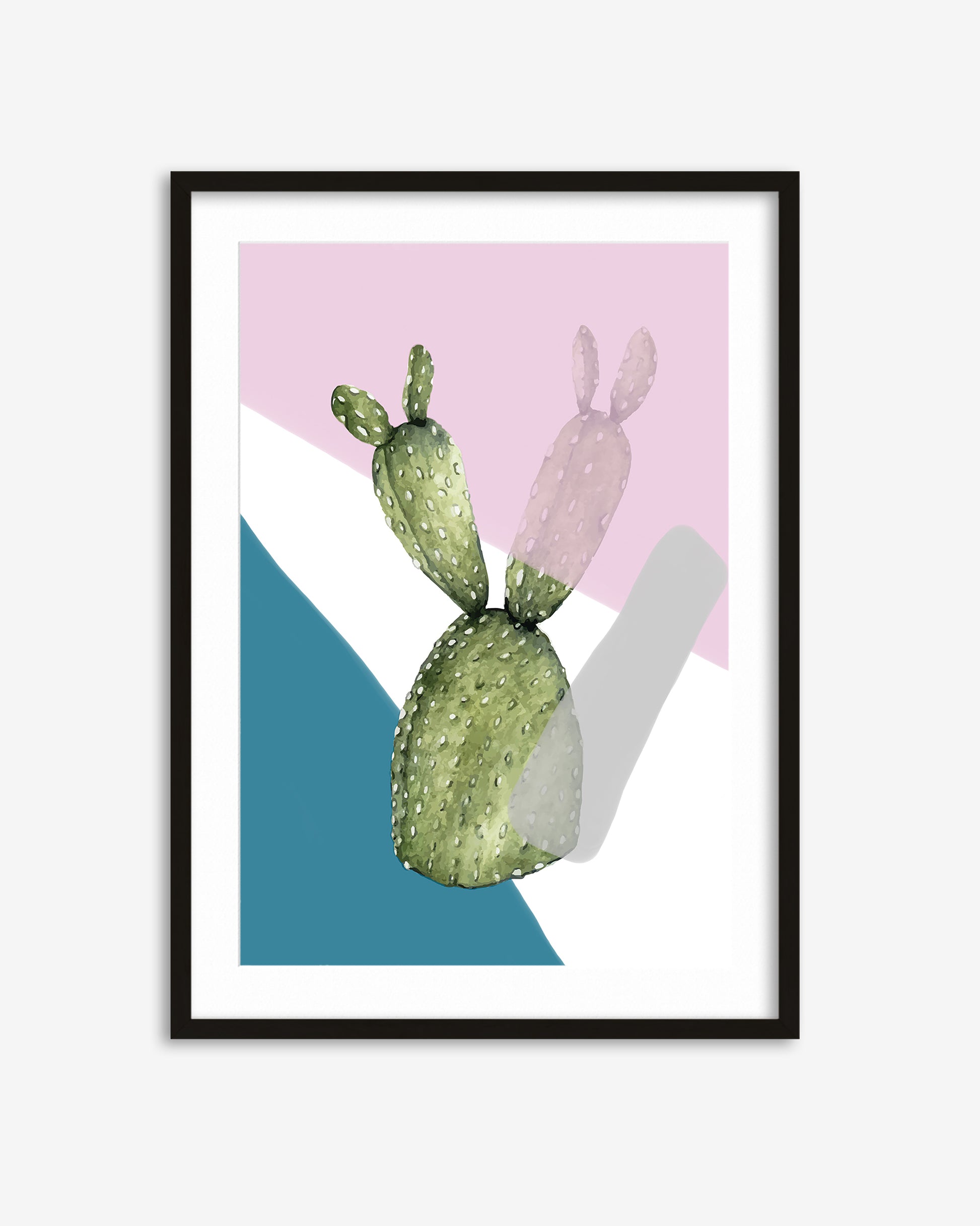 Framed artwork of a cactus with abstract shapes on a pink, blue, and white background.