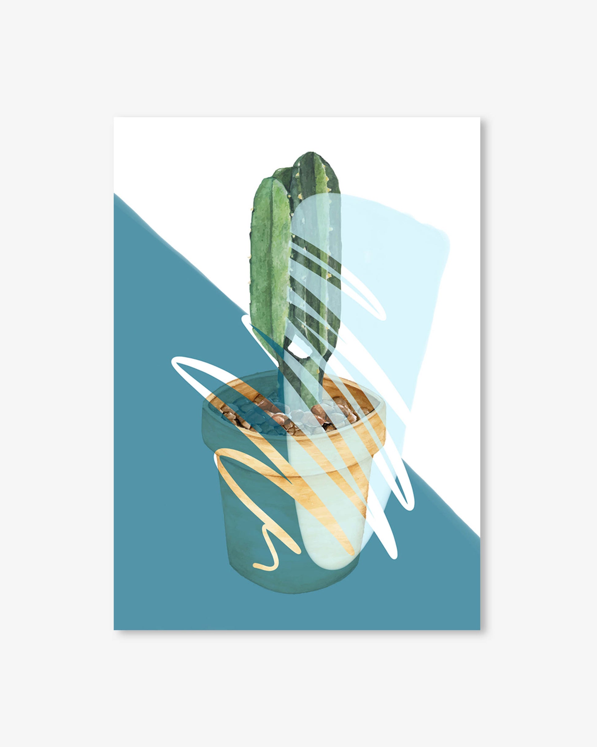 Illustration of a cactus in a glass with abstract designs on a blue and white background