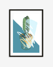 Framed artwork of a stylized plant in a pot with abstract design on a blue and white background