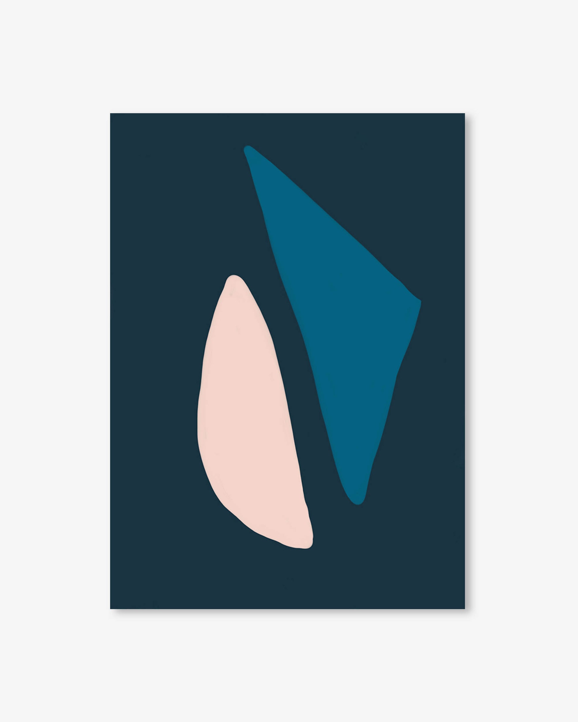 Abstract art print with blue and pink shapes on a dark blue background
