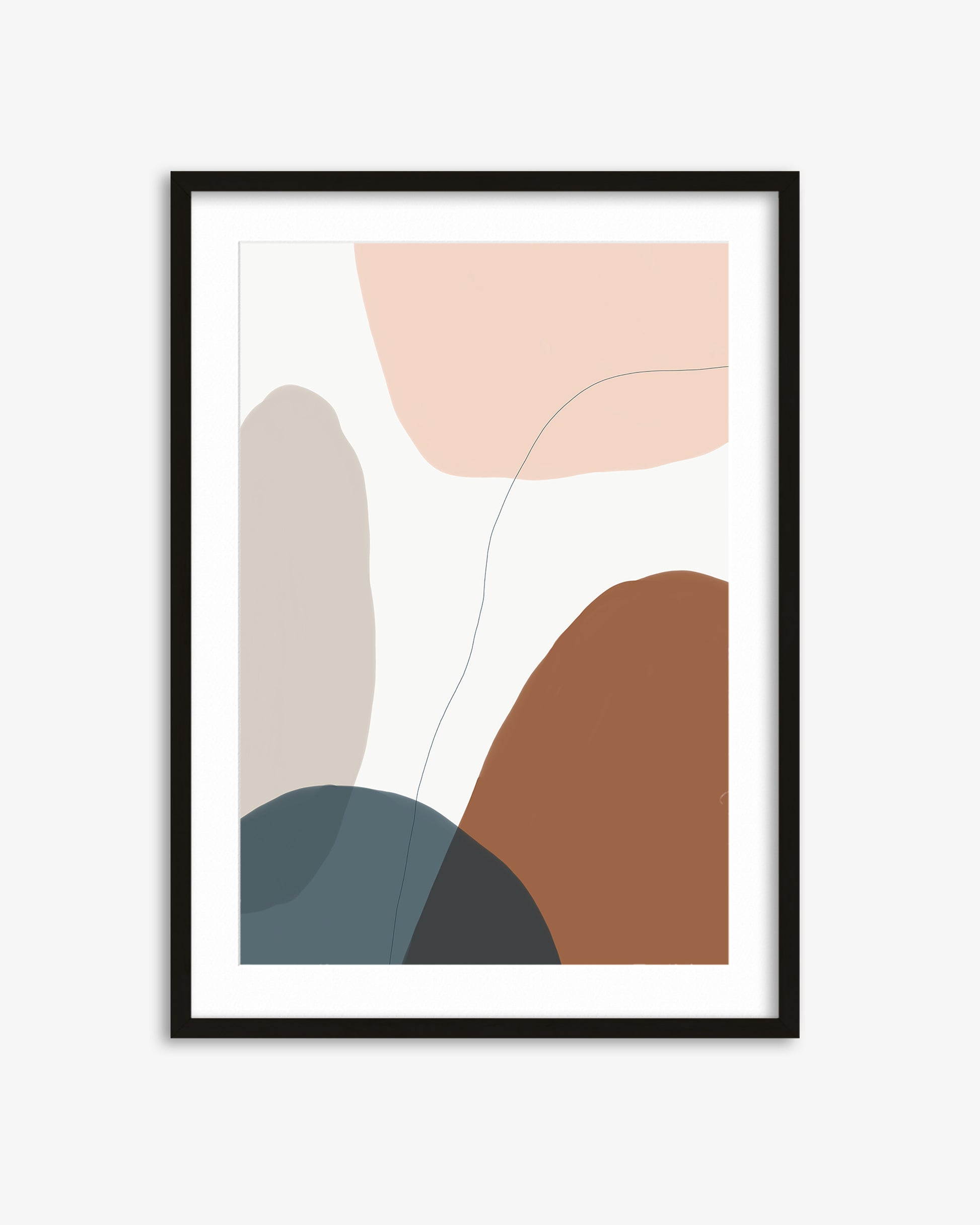 Framed abstract art print with geometric shapes on a white background
