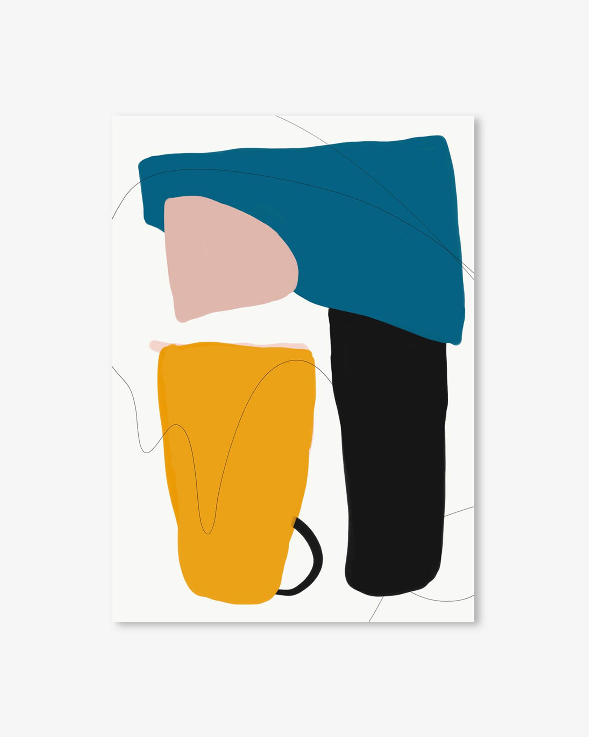 Abstract art piece with geometric shapes in blue, pink, yellow, and black on a white background