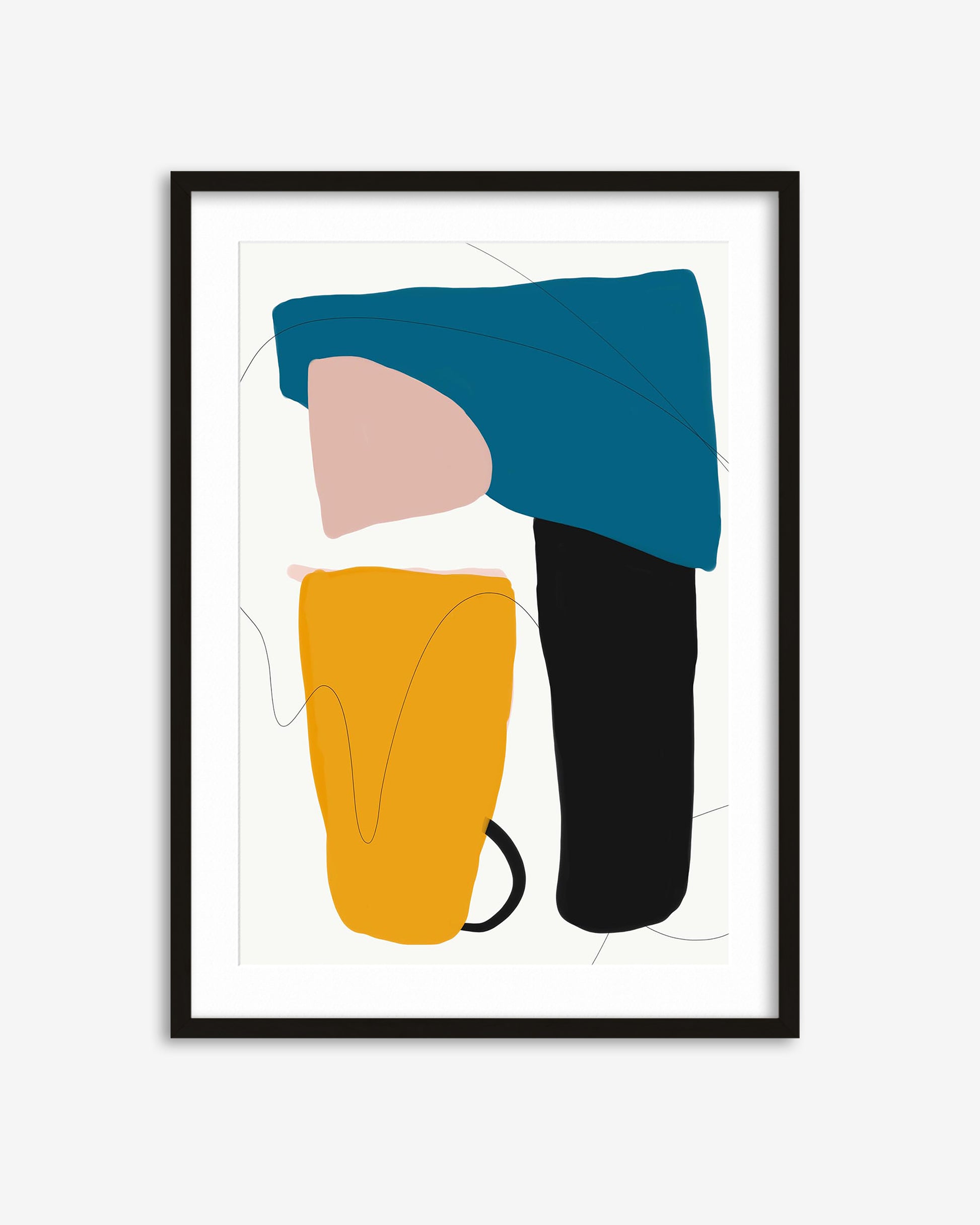 Framed abstract art print with colorful geometric shapes on a white background