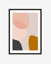 Framed abstract art print with geometric shapes on a beige background