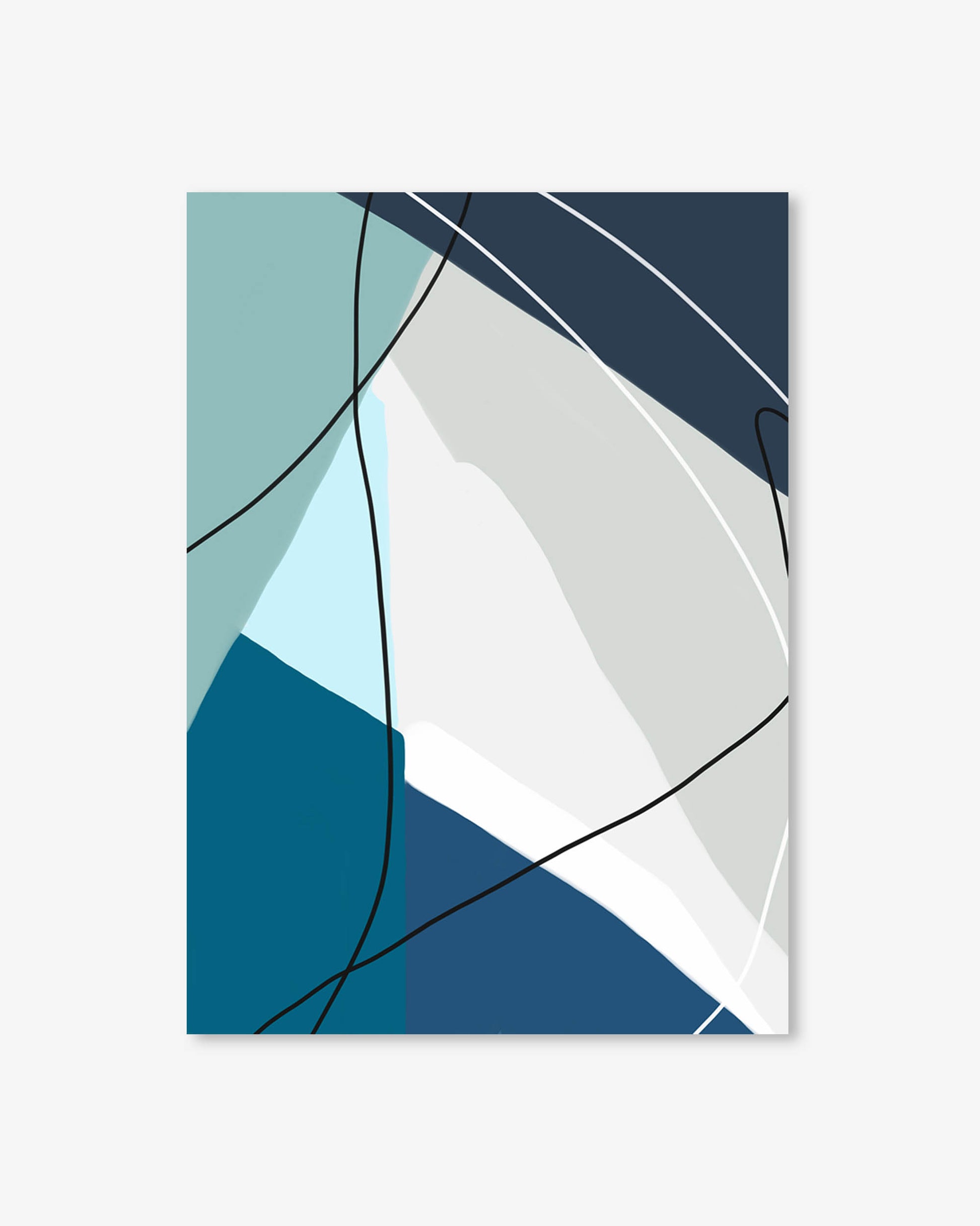 Abstract geometric design with blue, green, and white colors on a light gray background