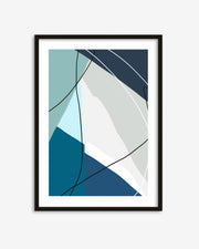 Framed abstract art print with geometric shapes in blue, green, and white on a white background