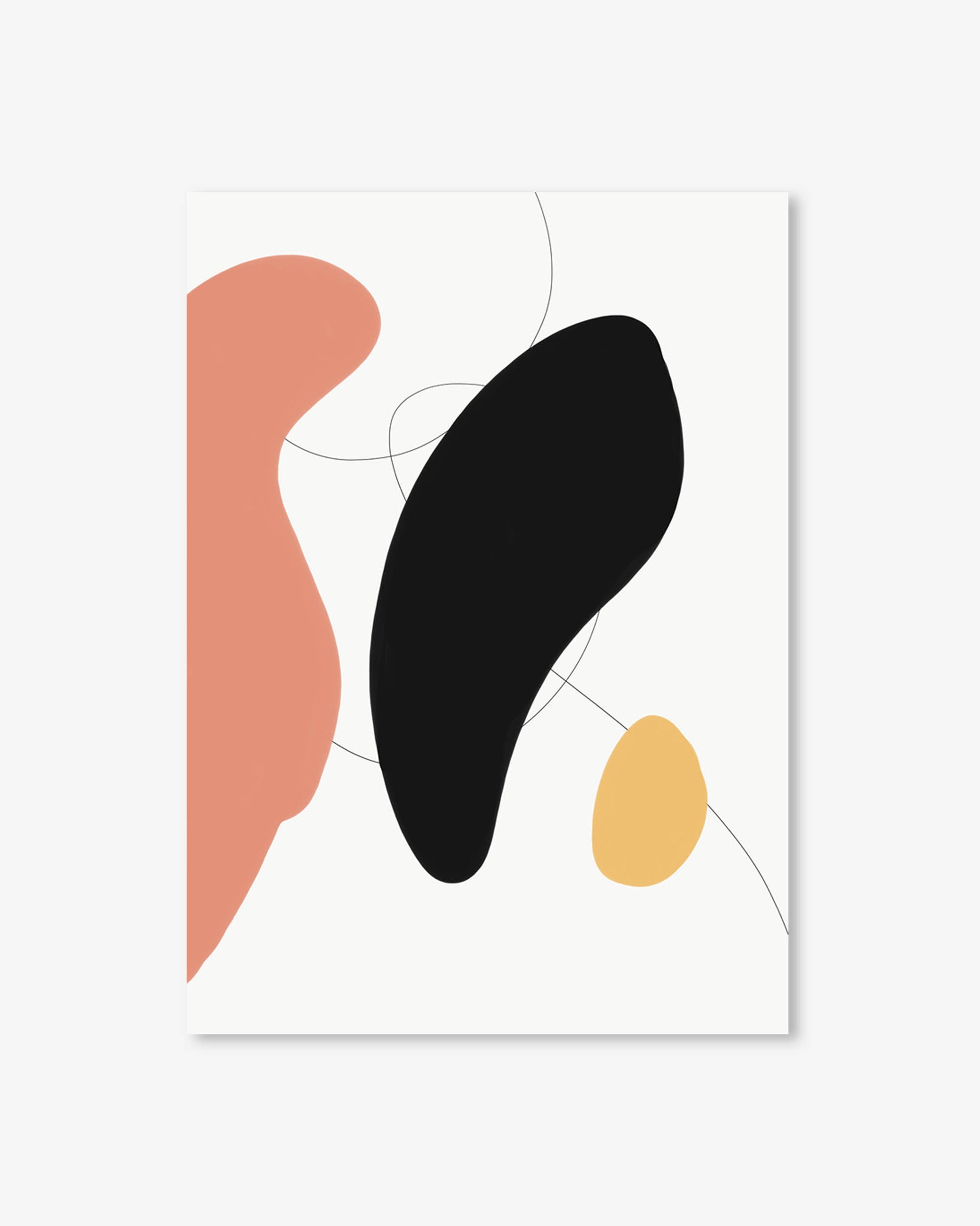 Abstract art print with shapes in black, pink, and yellow on a light gray background