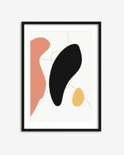 Framed abstract art print with pink, black, and yellow shapes on a white background