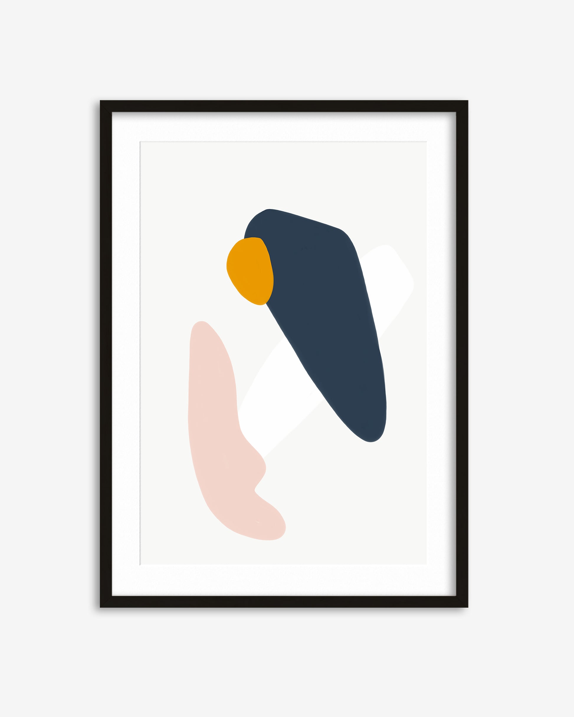 Framed abstract art print with geometric shapes on a white background