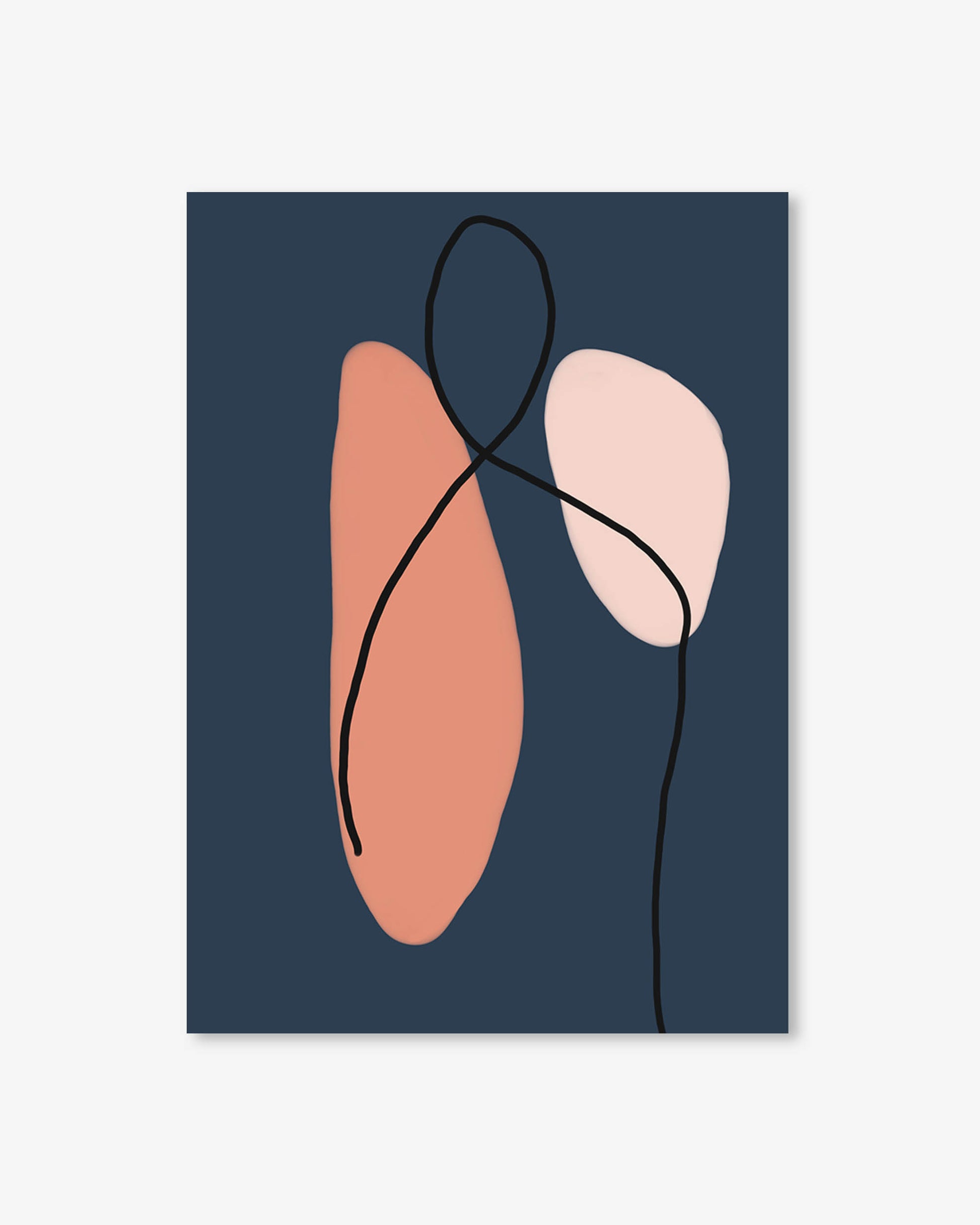 Abstract art print with pink and peach shapes on a dark blue background