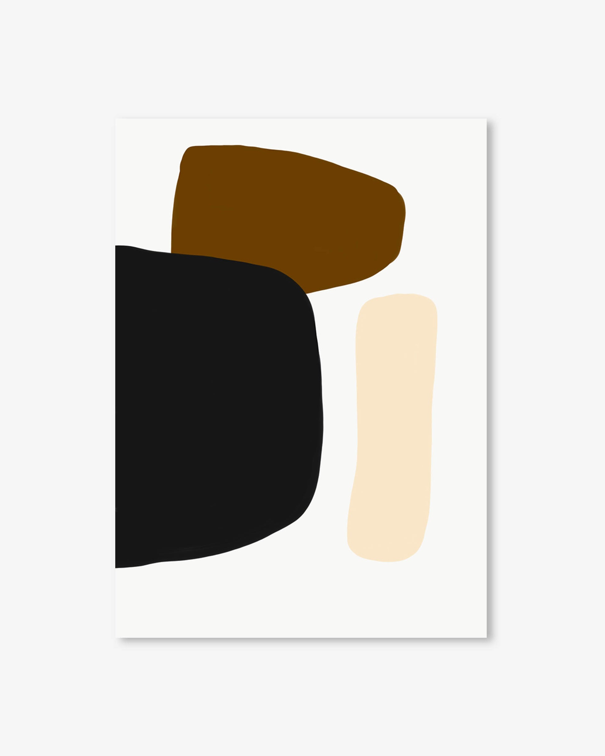 Abstract art print with black, brown, and beige shapes on a white background