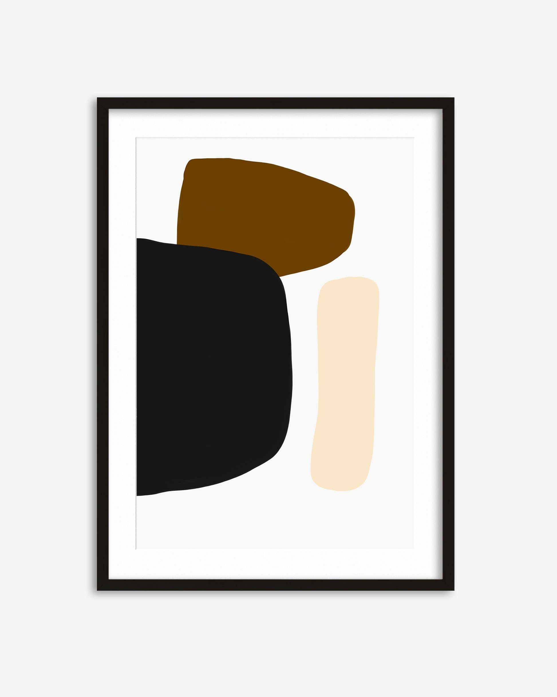 Framed abstract art print with geometric shapes on a white background