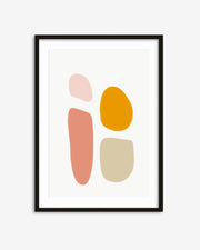 Framed abstract art print with colorful shapes on a white background