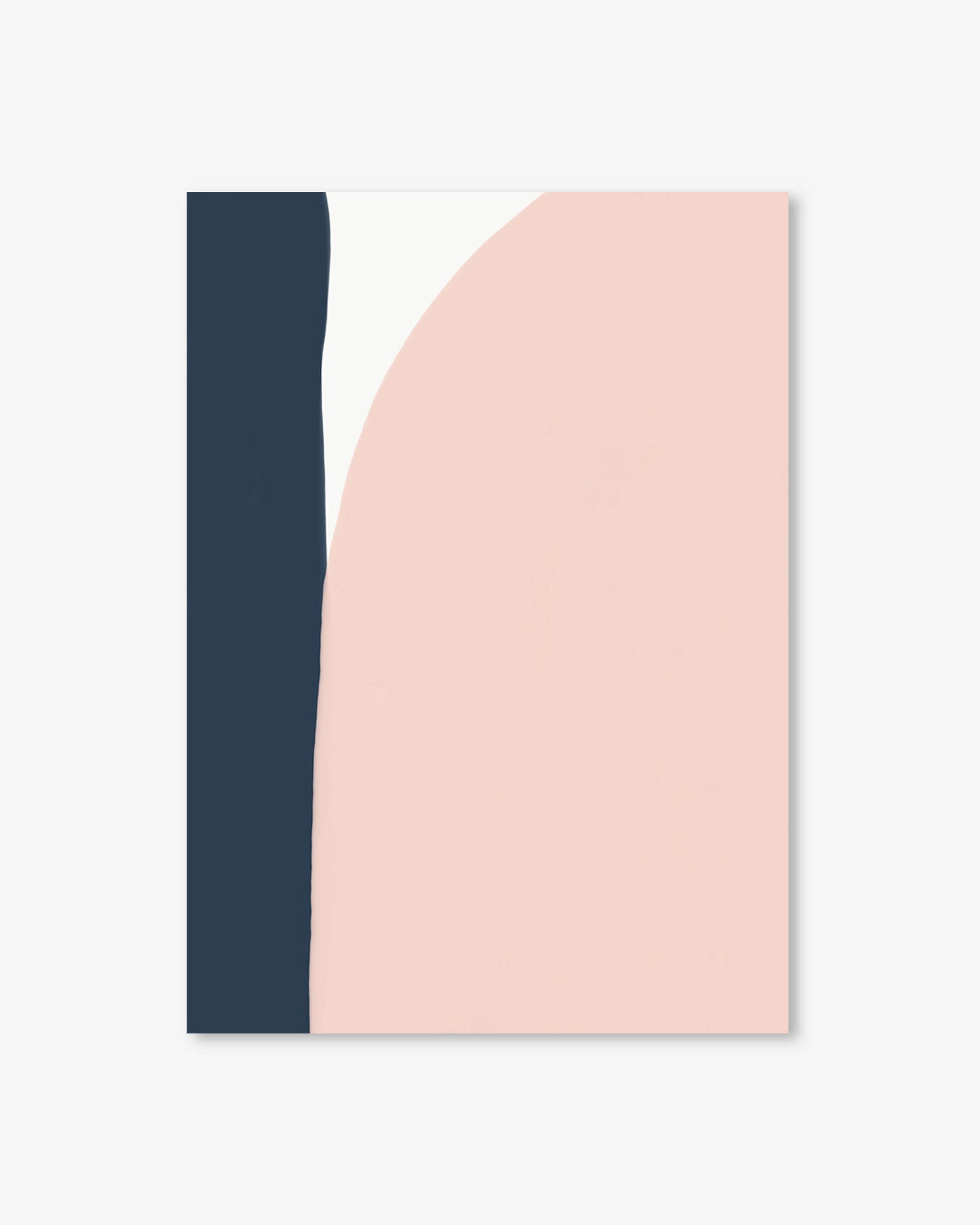 Abstract design with a vertical navy blue stripe and a curved pink shape on a white background