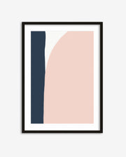 Framed abstract art print with pink and blue shapes on a white background