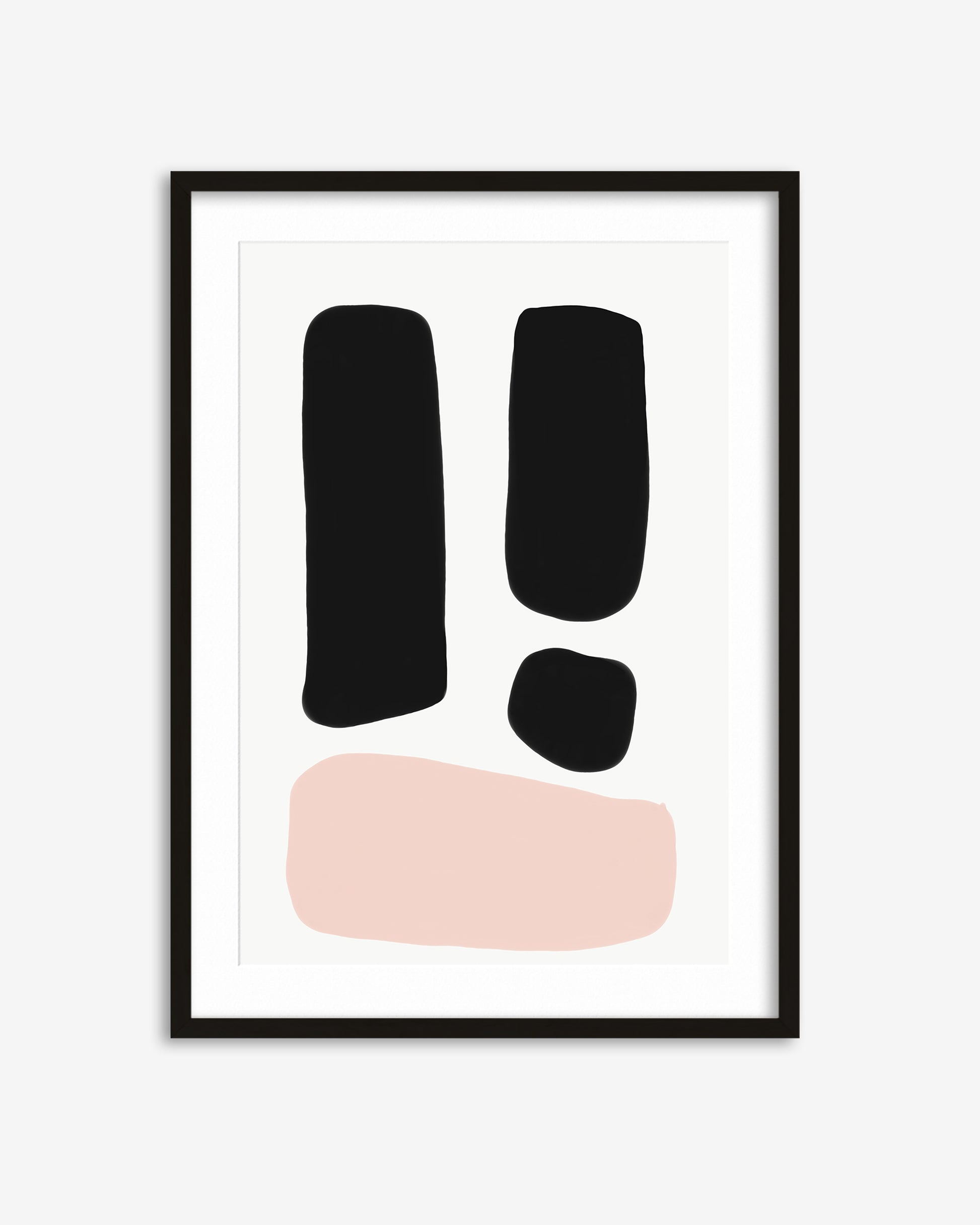 Framed abstract art print with black and pink shapes on a white background