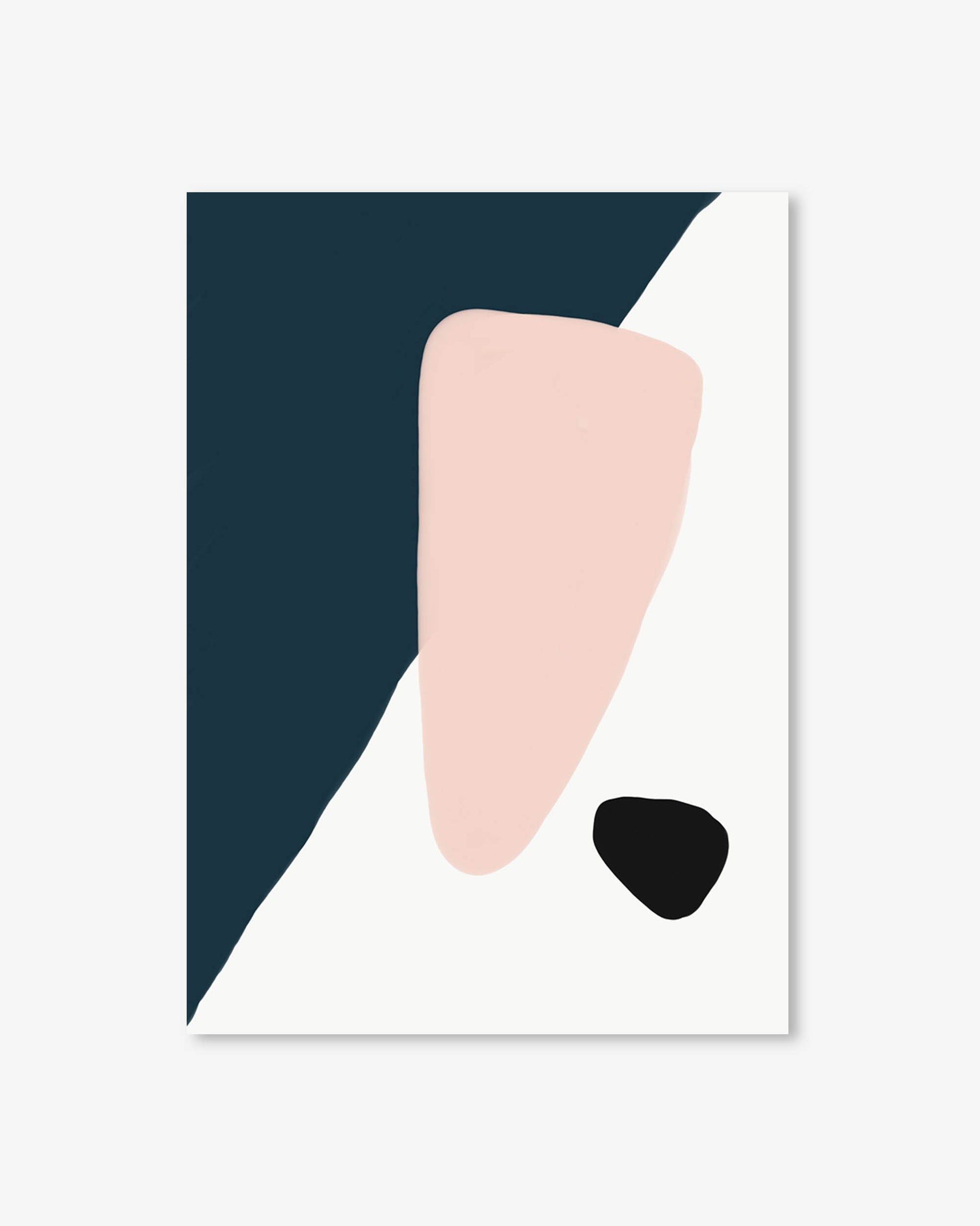 Abstract art print with geometric shapes in navy, pink, and black on a white background